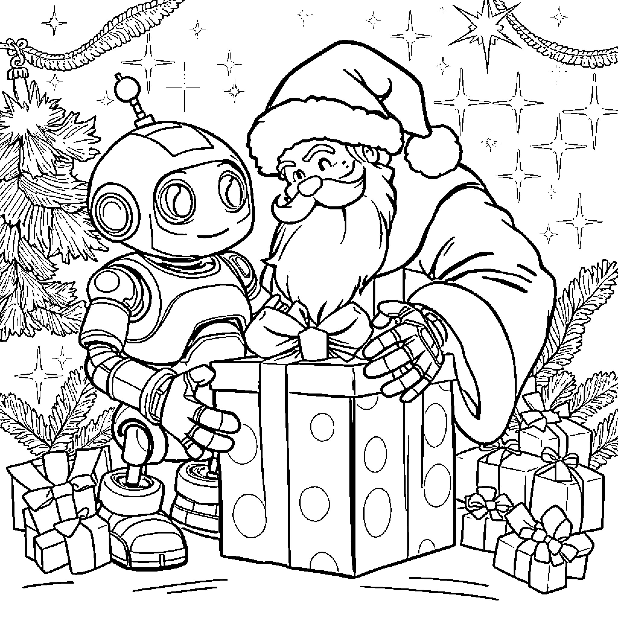 Robot Santa helping with Christmas gifts Coloring Page (free black-and-white line drawing printable PDF for all, from beginners to advanced learners, including children, teens, adults, and seniors)