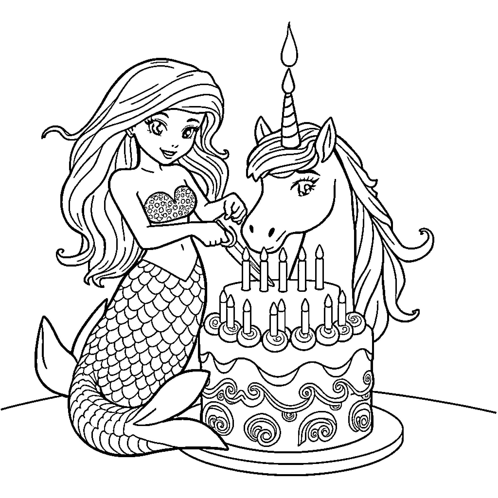 Unicorn mermaid celebrating with a birthday cake Coloring Page (free black-and-white line drawing printable PDF for all, from beginners to advanced learners, including children, teens, adults, and seniors)
