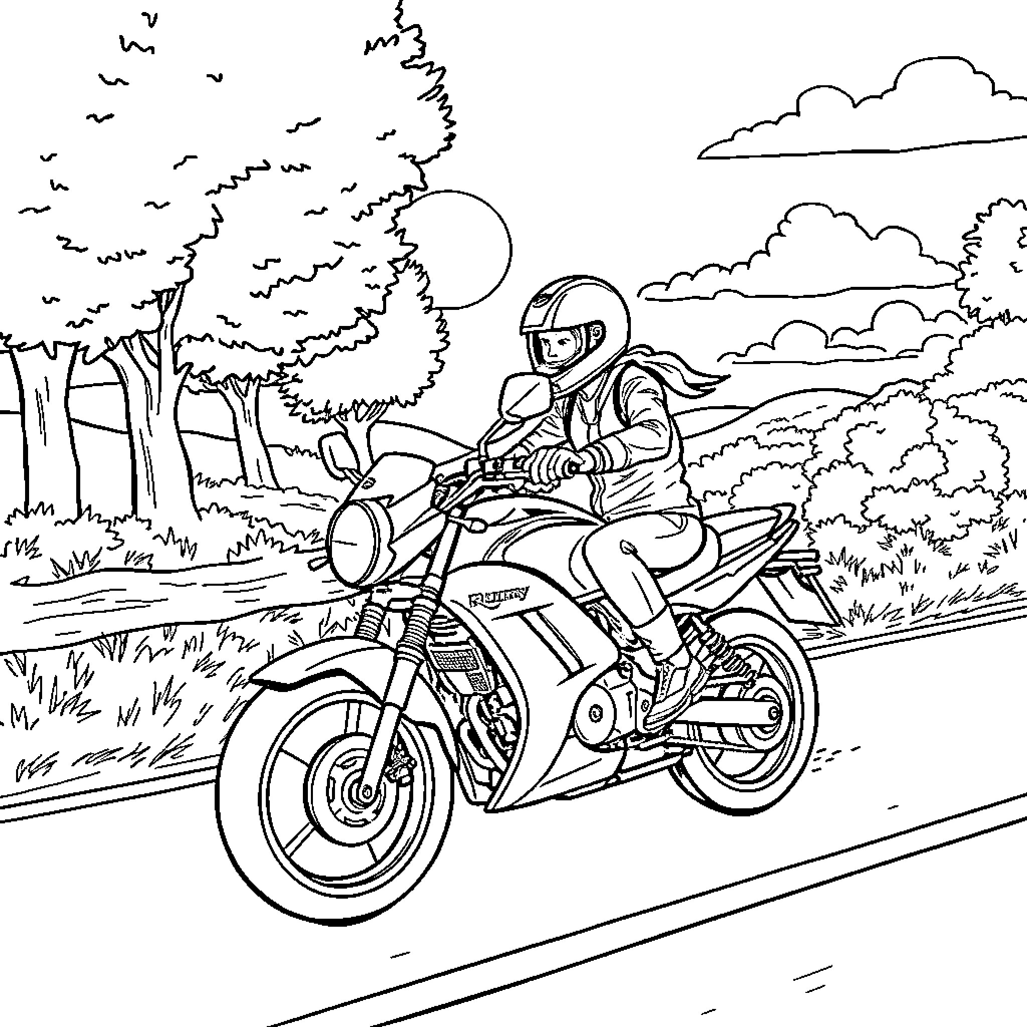 Rumy riding a motorcycle through the scenic countryside Coloring Page (free black-and-white line drawing printable PDF for all, from beginners to advanced learners, including children, teens, adults, and seniors)