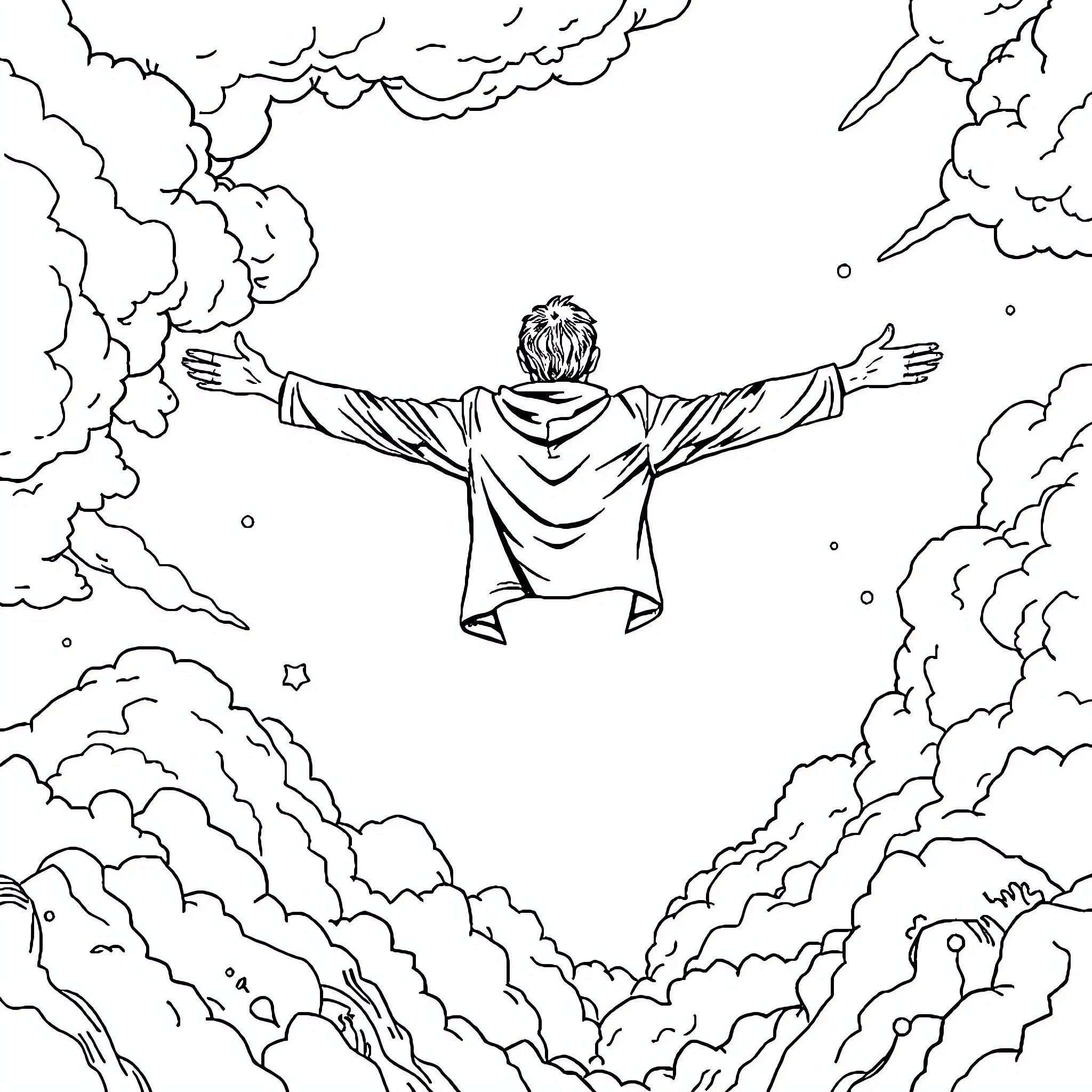 Man stands amidst dramatic clouds with outstretched arms Coloring Page (free black-and-white line drawing printable PDF for all, from beginners to advanced learners, including children, teens, adults, and seniors)
