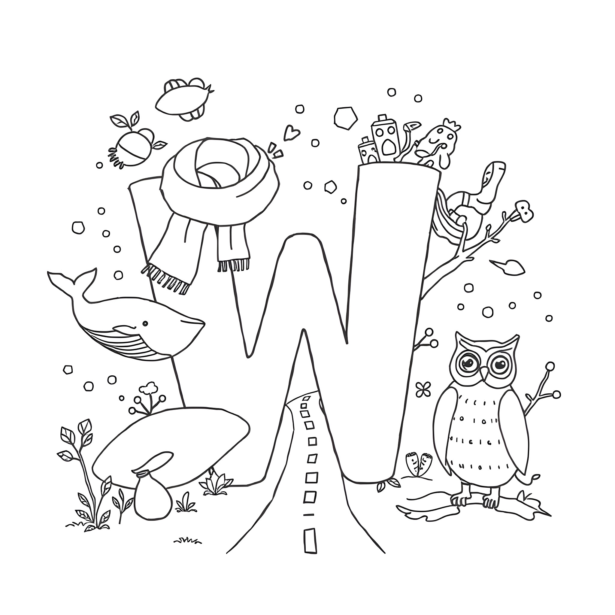 Letter W with whimsical woodland creatures Coloring Page (free black-and-white line drawing printable PDF for all, from beginners to advanced learners, including children, teens, adults, and seniors)
