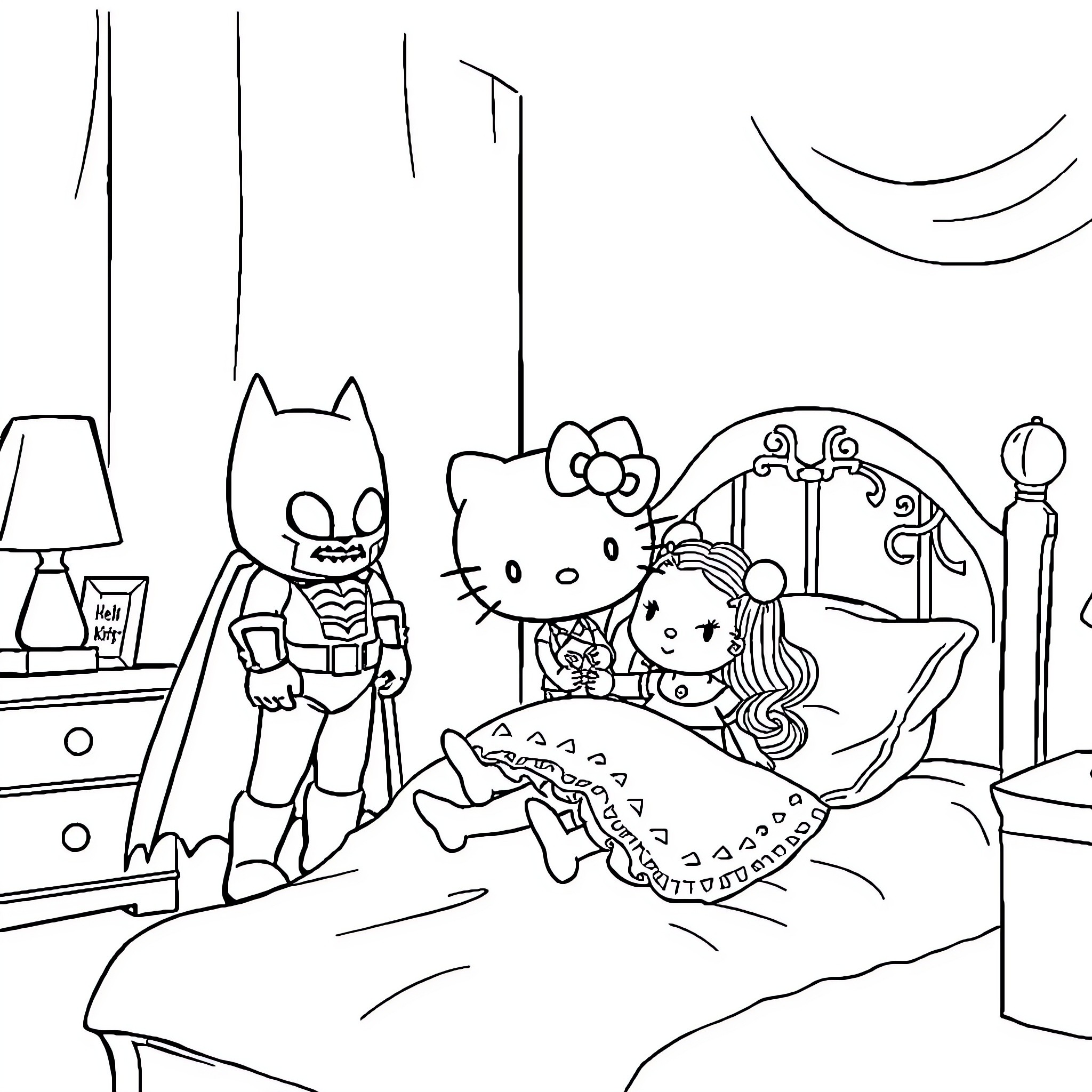 Hello Kitty and Friends Enjoying a Cozy Night In Coloring Page (free black-and-white line drawing printable PDF for all, from beginners to advanced learners, including children, teens, adults, and seniors)
