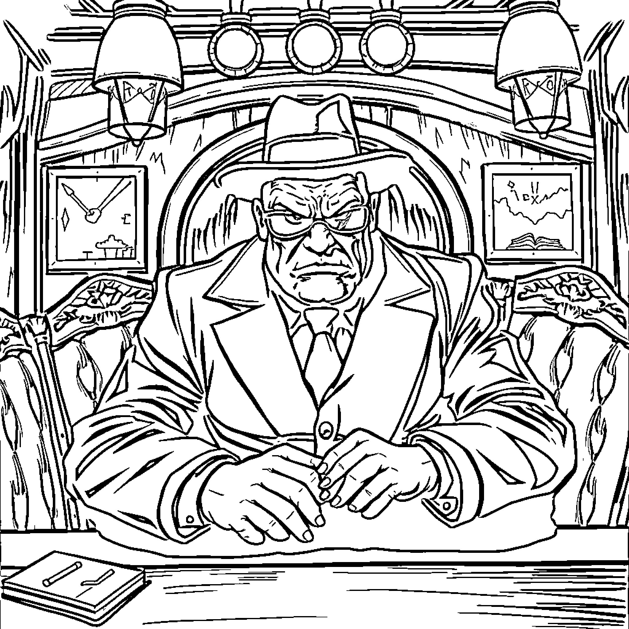Mafia Boss Commanding Underlings in Dimly Lit Lair Coloring Page (free black-and-white line drawing printable PDF for all, from beginners to advanced learners, including children, teens, adults, and seniors)