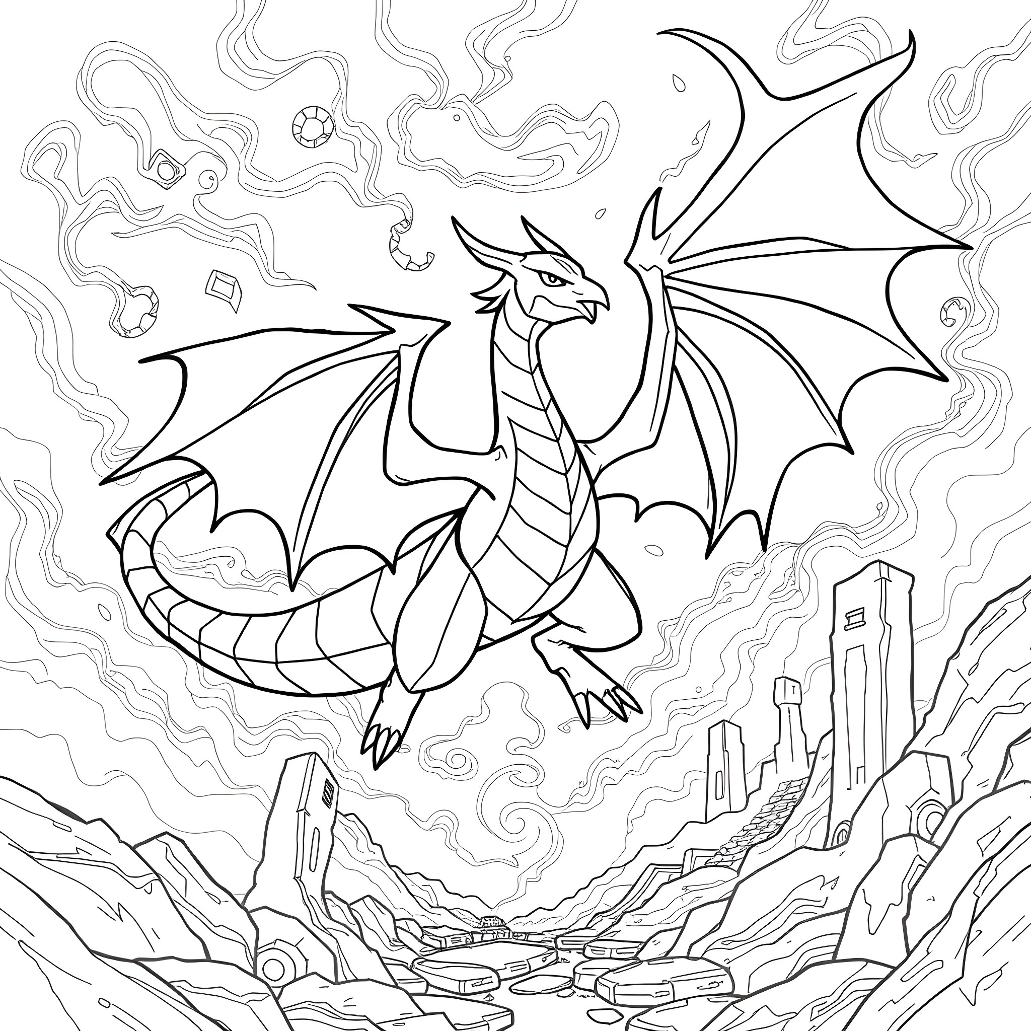 Giratina unleashing its power in the otherworldly realm Coloring Page (free black-and-white line drawing printable PDF for all, from beginners to advanced learners, including children, teens, adults, and seniors)