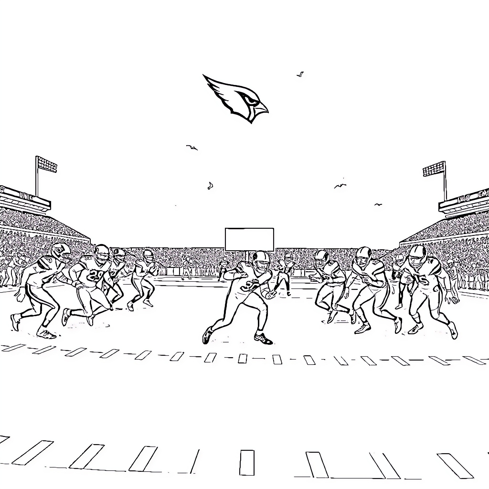 Cardinal Football Game in the Stadium Coloring Page (free black-and-white line drawing printable PDF for all, from beginners to advanced learners, including children, teens, adults, and seniors)