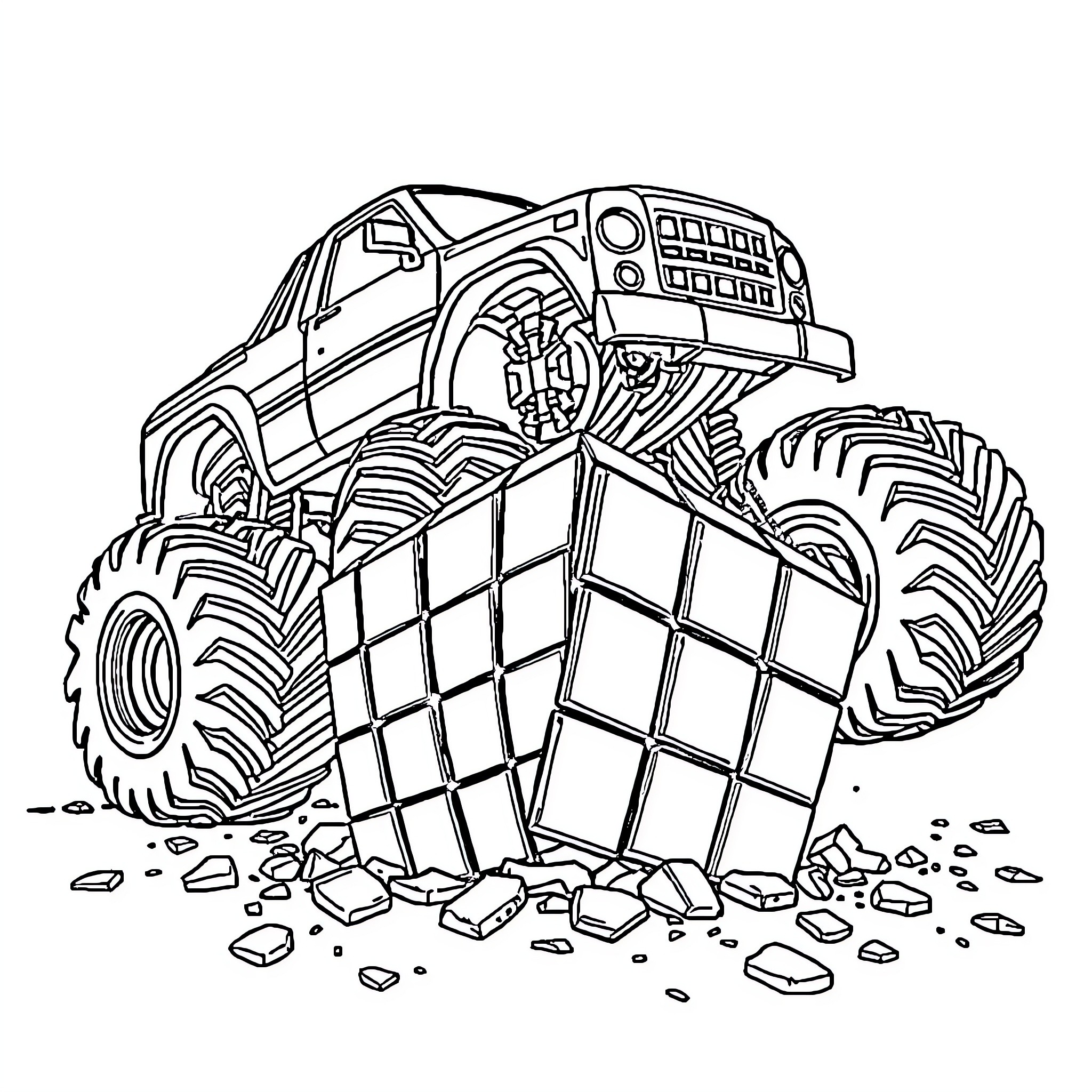 Monster Truck Crushing Rocks and Debris Coloring Page (free black-and-white line drawing printable PDF for all, from beginners to advanced learners, including children, teens, adults, and seniors)