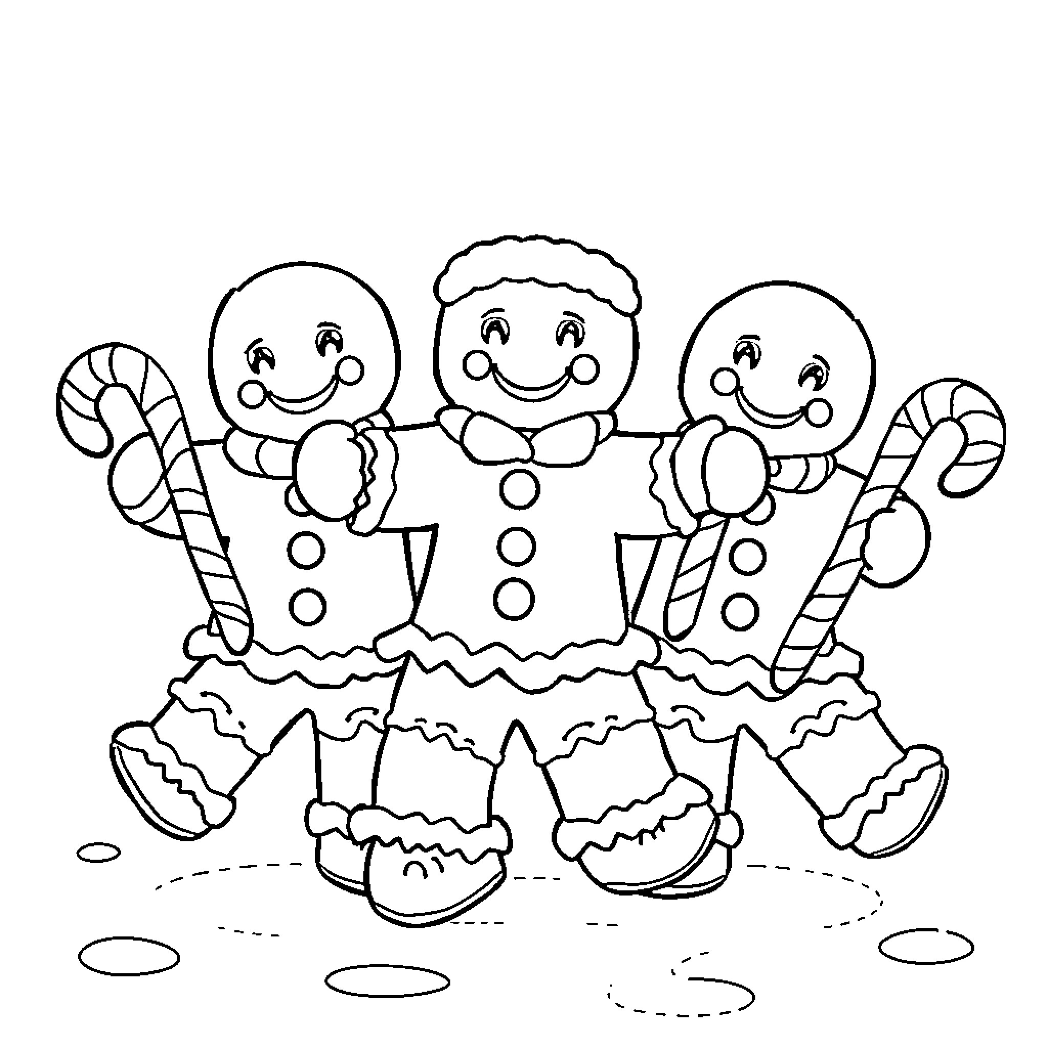 Gingerbread Men Holding Candy Canes and Smiling Coloring Page (free black-and-white line drawing printable PDF for all, from beginners to advanced learners, including children, teens, adults, and seniors)