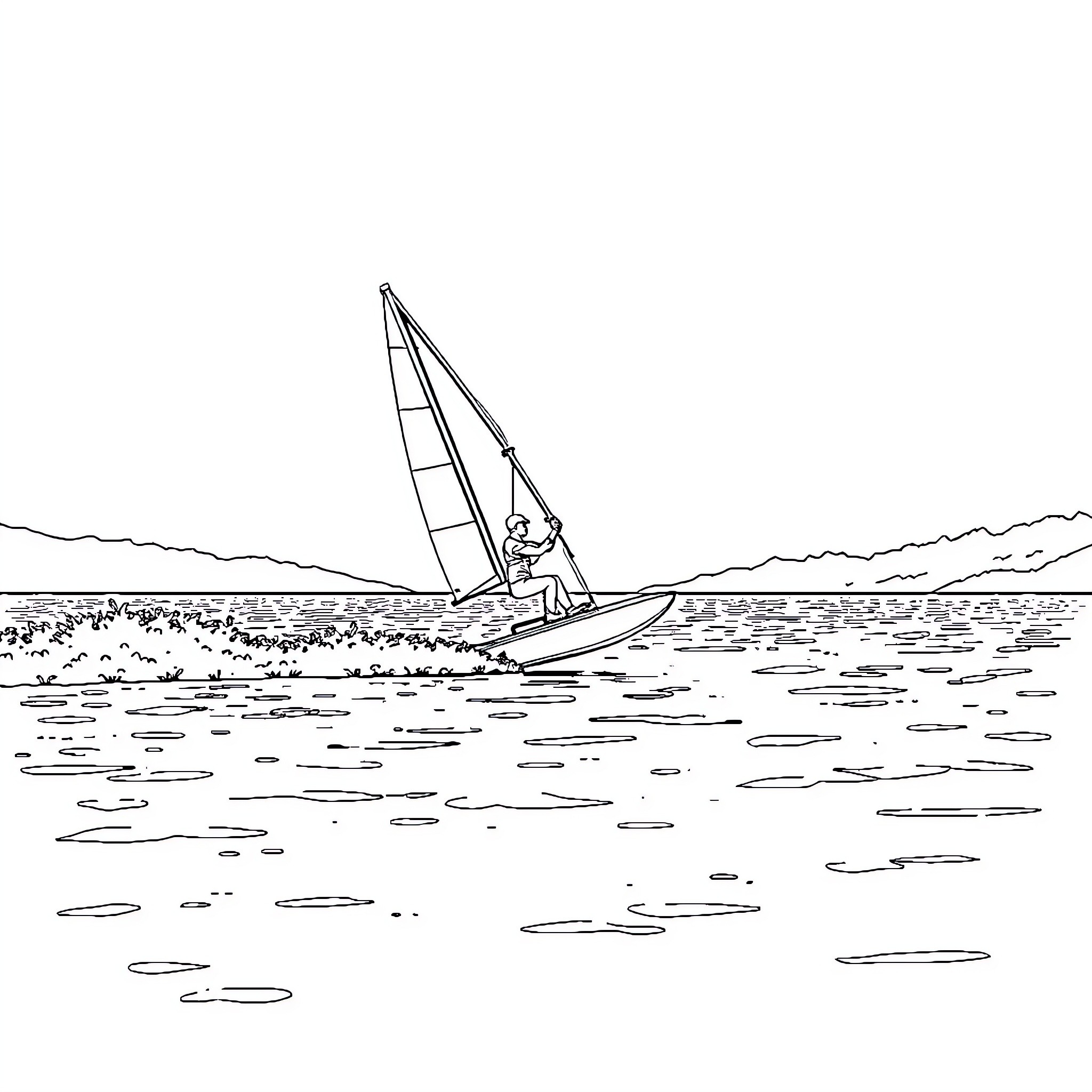 Watersailer gliding across the tranquil waters Coloring Page (free black-and-white line drawing printable PDF for all, from beginners to advanced learners, including children, teens, adults, and seniors)