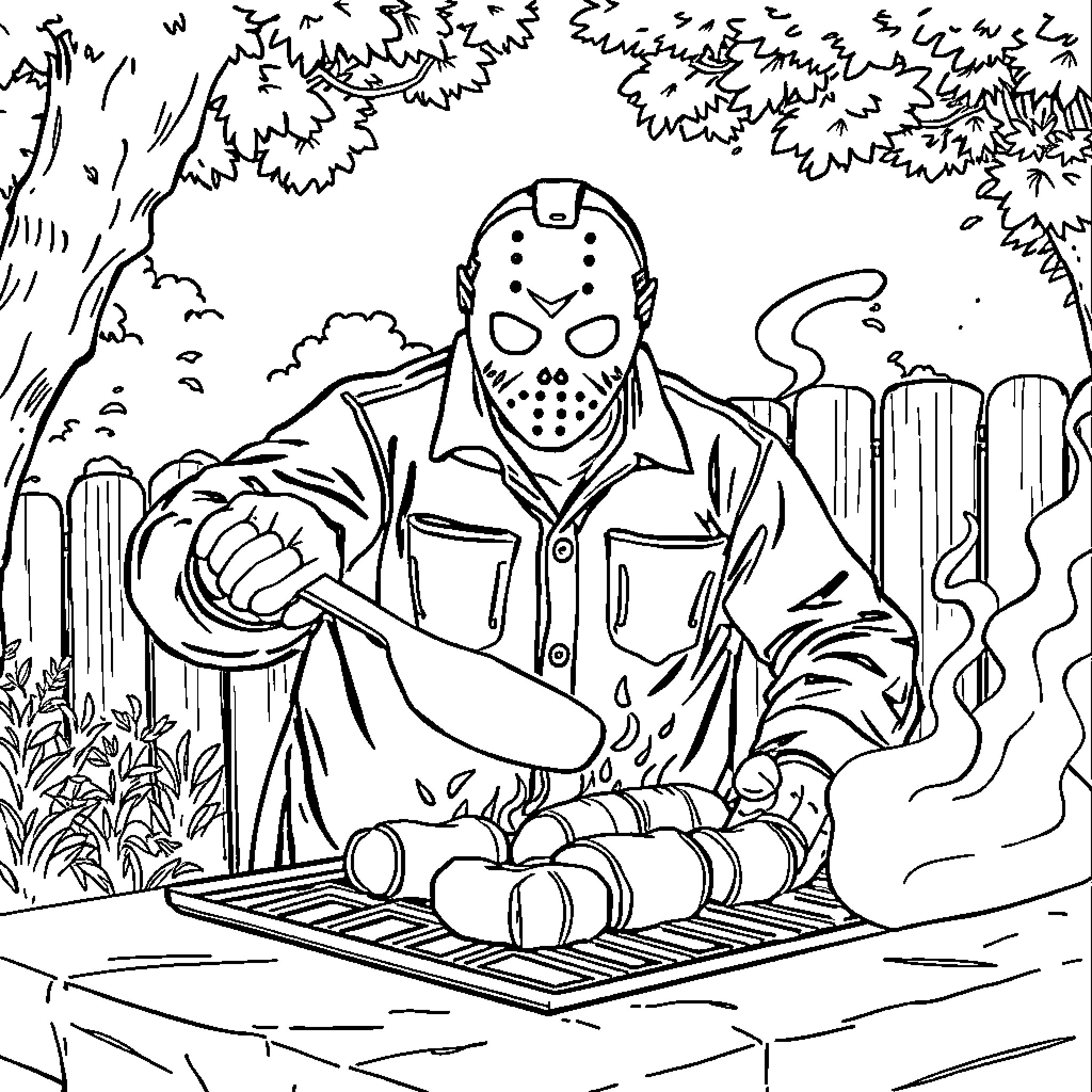 Jason Voorhees grilling a camp with a hockey mask Coloring Page (free black-and-white line drawing printable PDF for all, from beginners to advanced learners, including children, teens, adults, and seniors)
