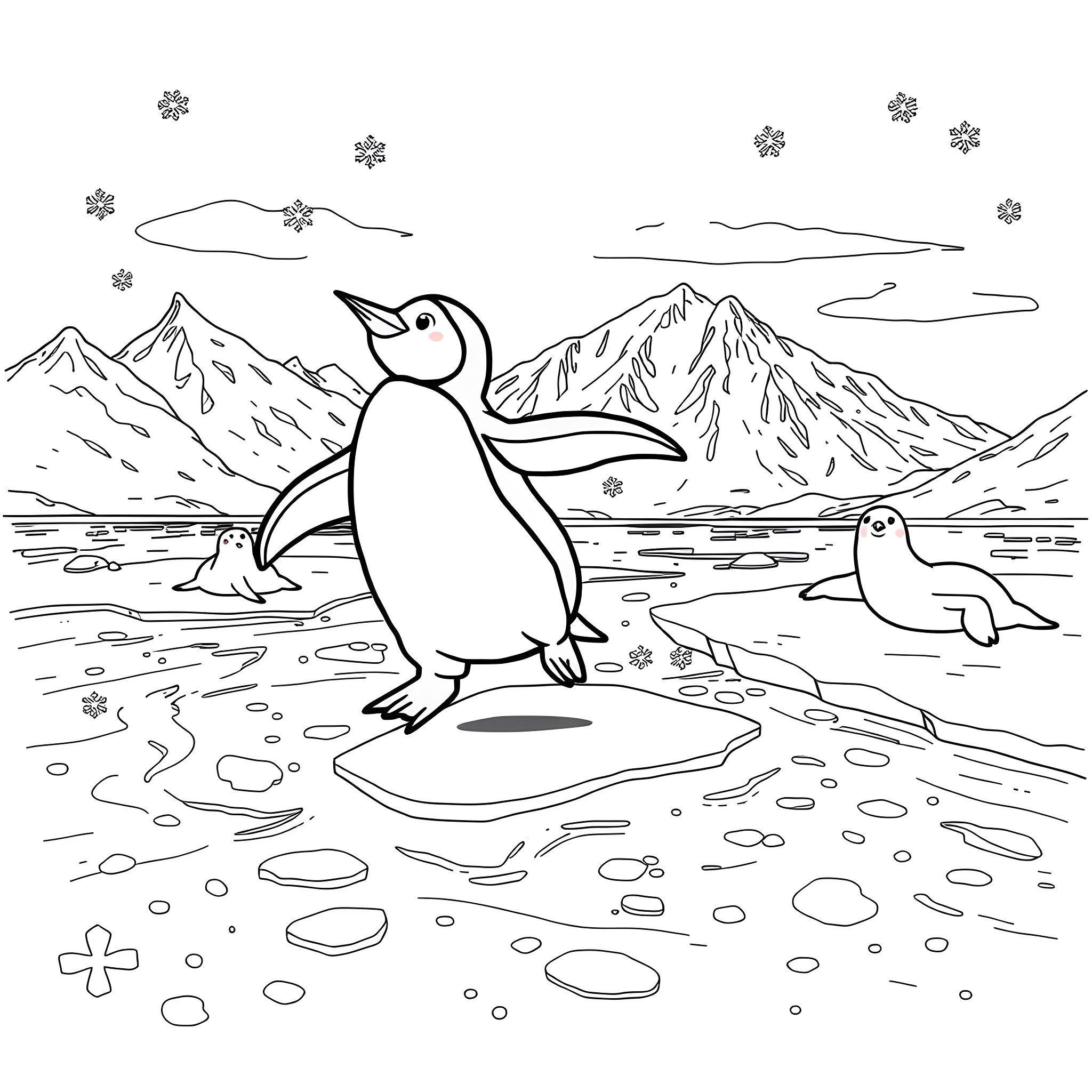 Penguins playing in a snowy landscape Coloring Page (free black-and-white line drawing printable PDF for all, from beginners to advanced learners, including children, teens, adults, and seniors)