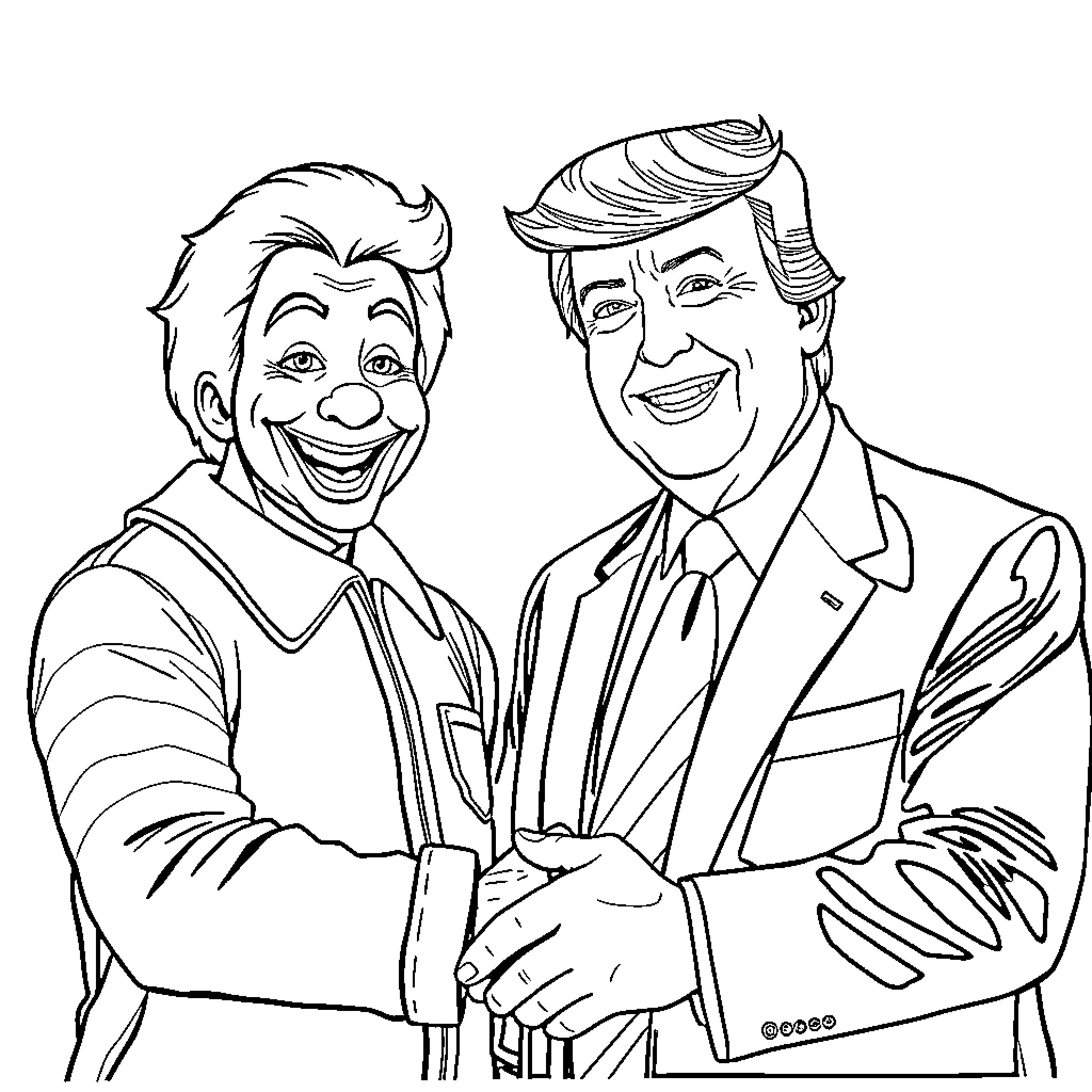 Donald Trump and Ronald McDonald in a Playful Embrace Coloring Page (free black-and-white line drawing printable PDF for all, from beginners to advanced learners, including children, teens, adults, and seniors)