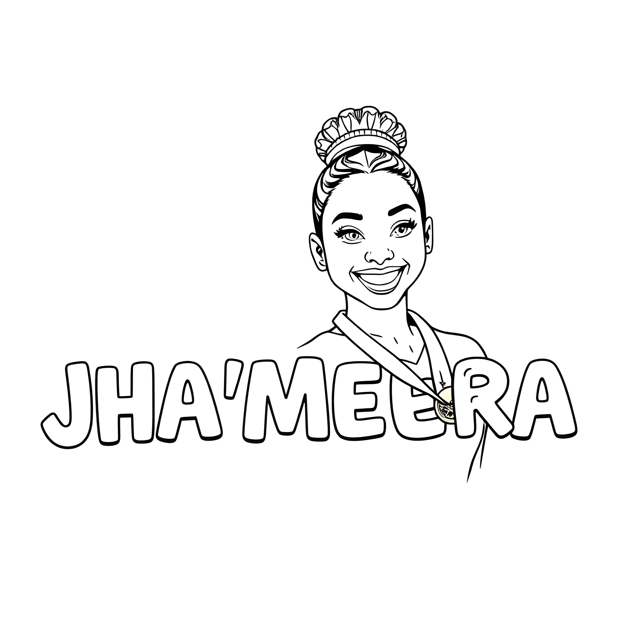 Jha'Meera smiling with a royal crown Coloring Page (free black-and-white line drawing printable PDF for all, from beginners to advanced learners, including children, teens, adults, and seniors)