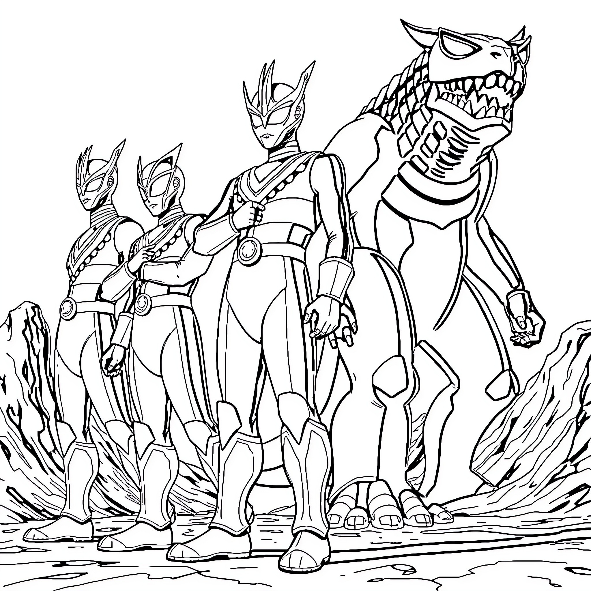 Ultraman and his Kaiju companions in action Coloring Page (free black-and-white line drawing printable PDF for all, from beginners to advanced learners, including children, teens, adults, and seniors)