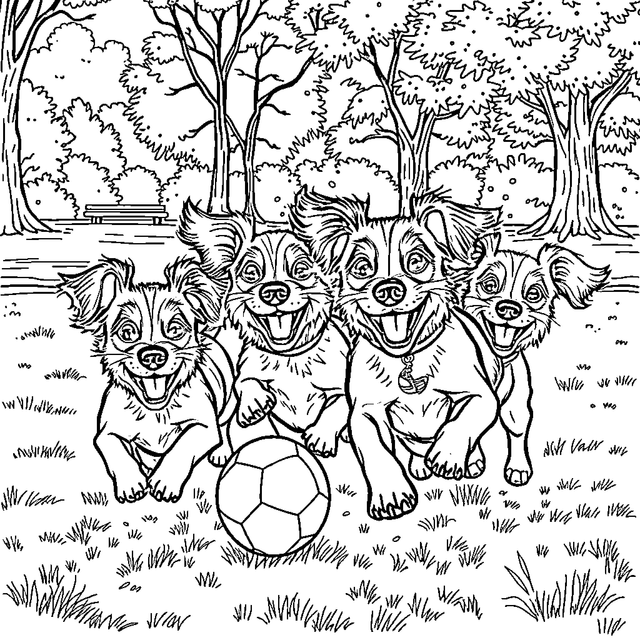 Weenie Dogs playing with a soccer ball in the forest Coloring Page (free black-and-white line drawing printable PDF for all, from beginners to advanced learners, including children, teens, adults, and seniors)