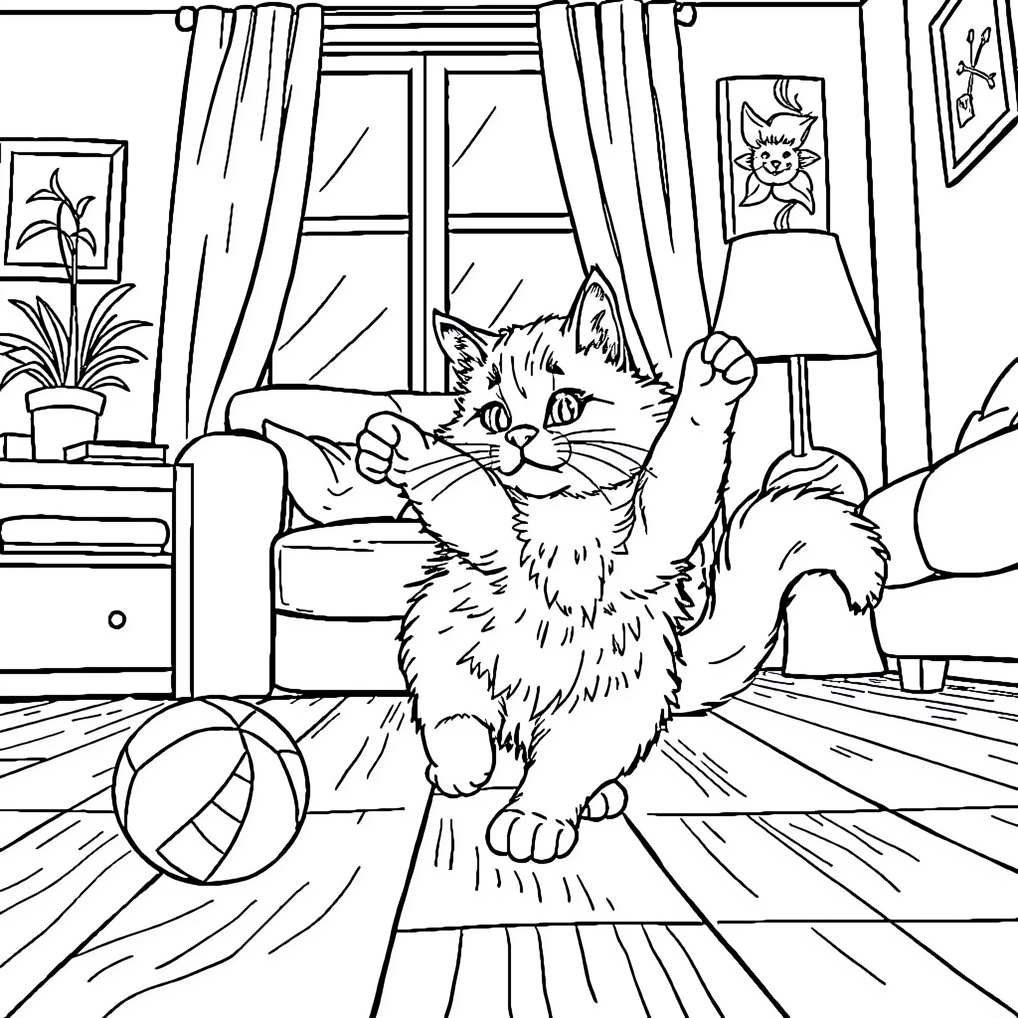 Cat Enjoying Cozy Indoor Scene Coloring Page (free black-and-white line drawing printable PDF for all, from beginners to advanced learners, including children, teens, adults, and seniors)