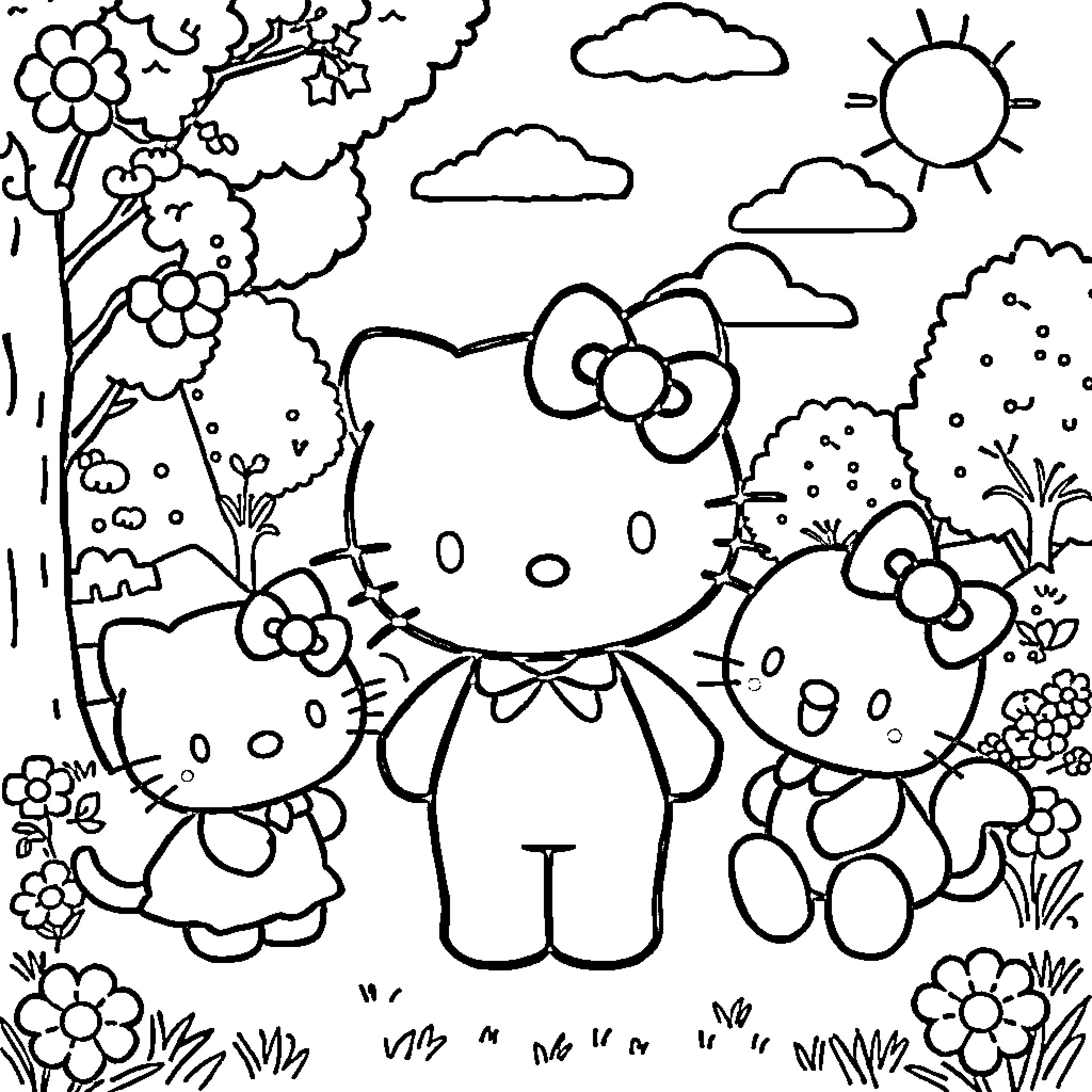 Hello Kitty playing in a flowery meadow Coloring Page (free black-and-white line drawing printable PDF for all, from beginners to advanced learners, including children, teens, adults, and seniors)