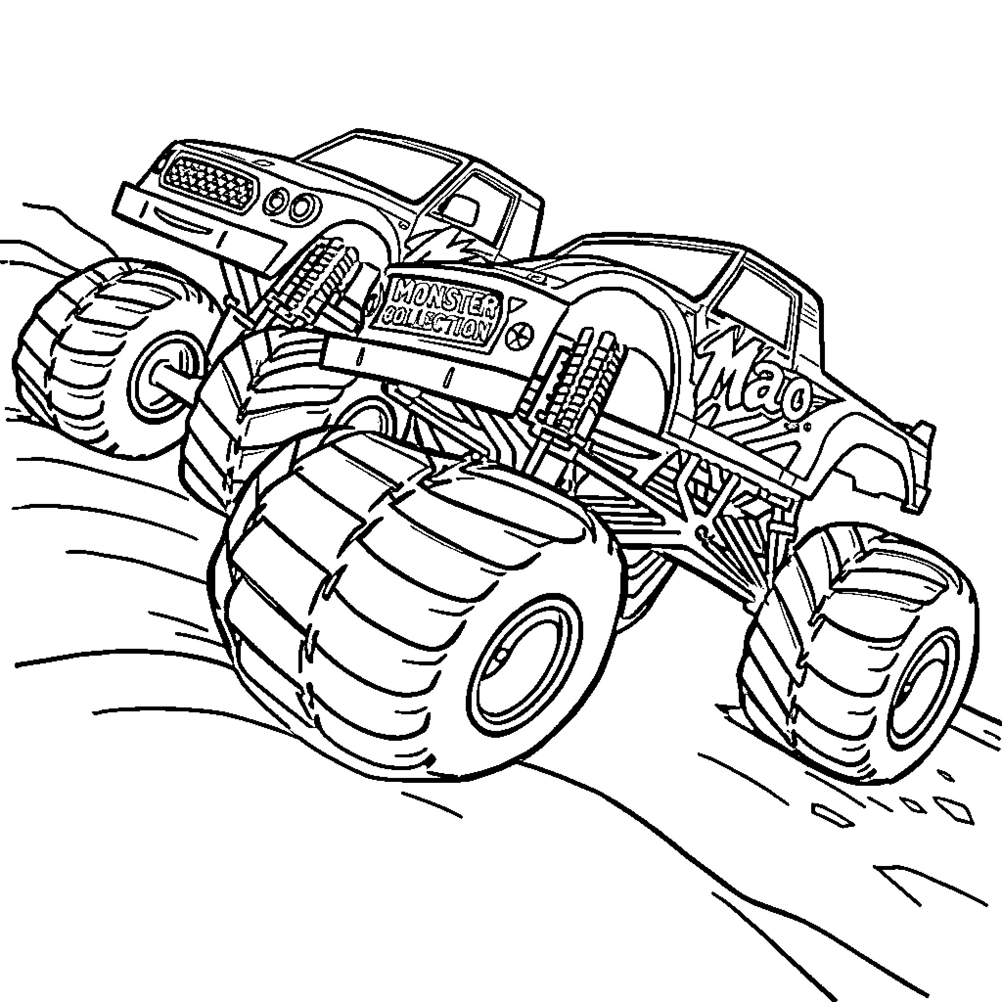 Monster Truck Crushing Through the Terrain Coloring Page (free black-and-white line drawing printable PDF for all, from beginners to advanced learners, including children, teens, adults, and seniors)