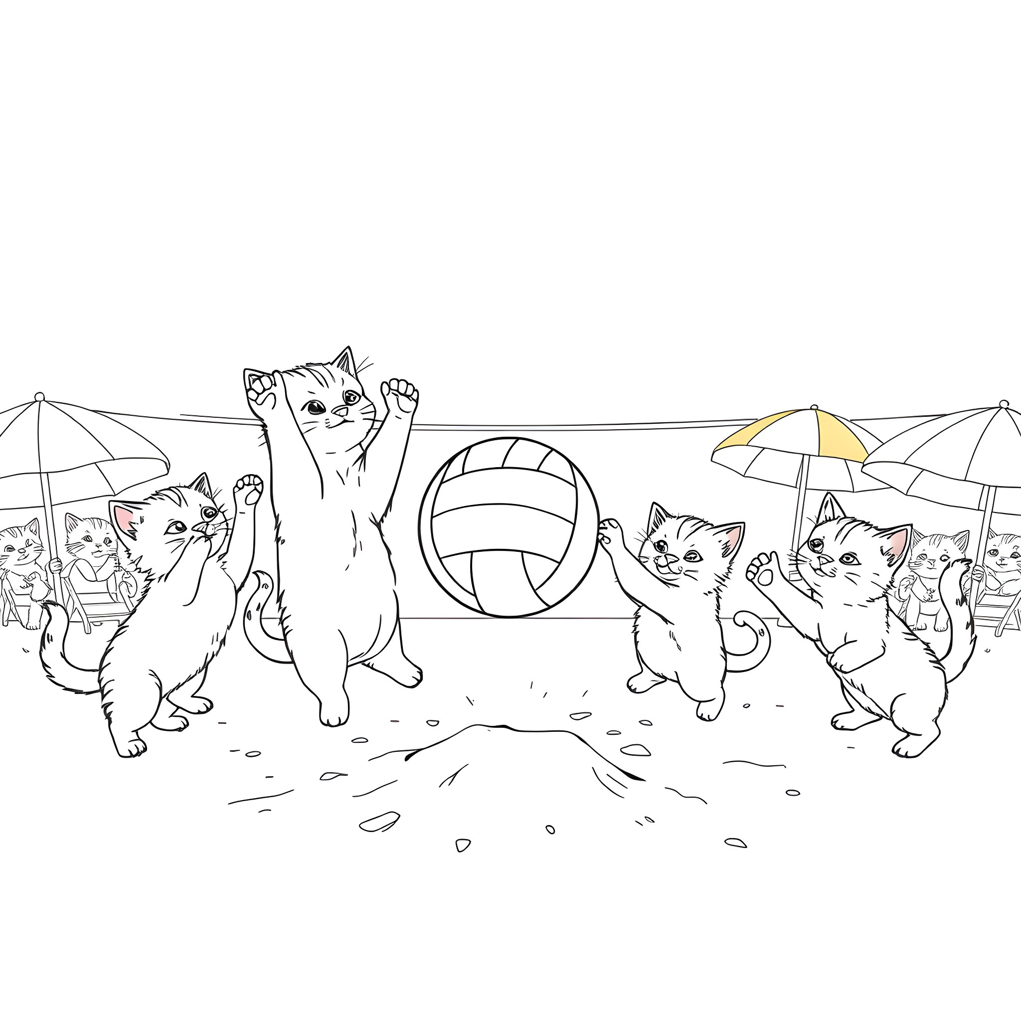 Cats playing with beach ball on the sand Coloring Page (free black-and-white line drawing printable PDF for all, from beginners to advanced learners, including children, teens, adults, and seniors)