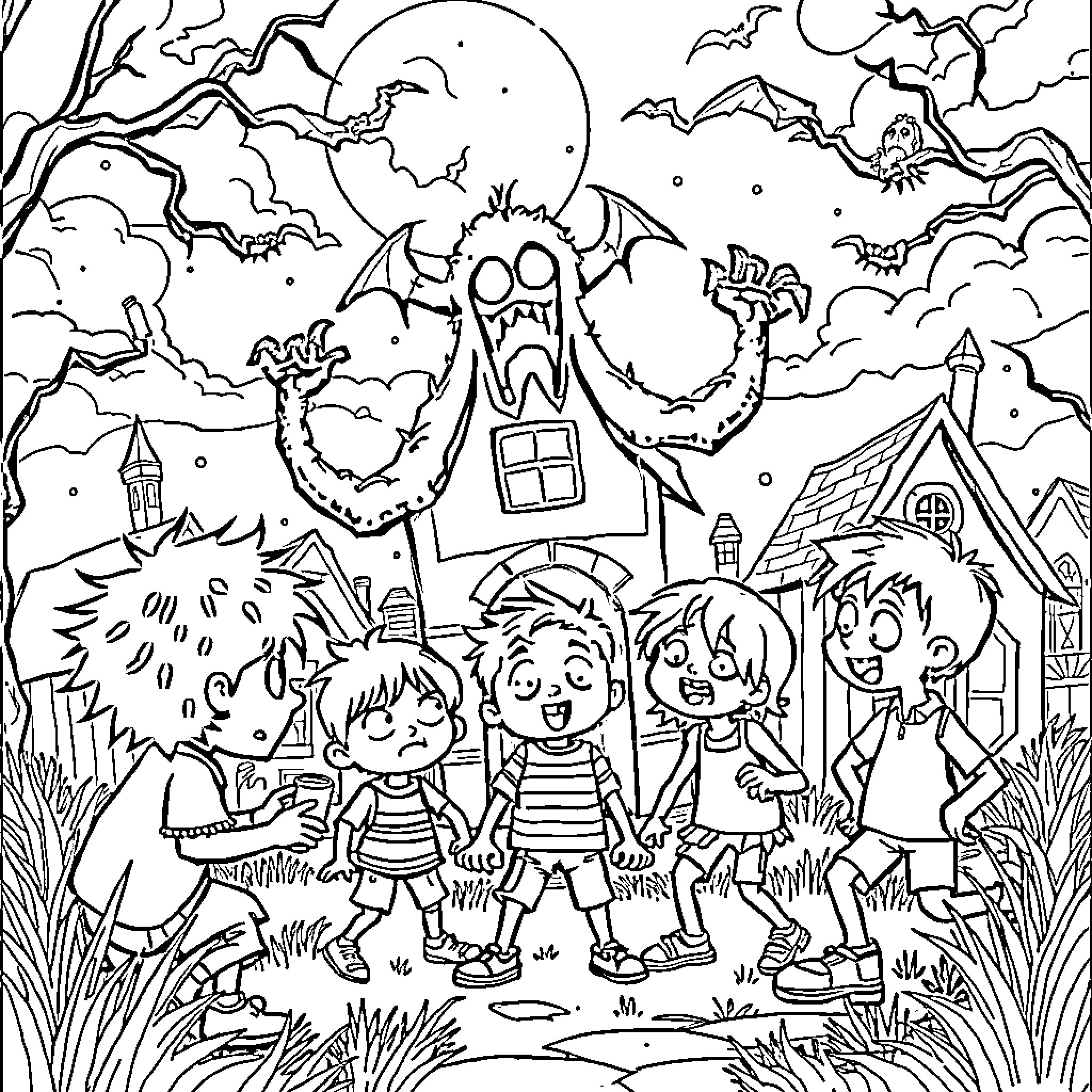 Stranger Things: Playful Kids in Spooky Night Scene Coloring Page (free black-and-white line drawing printable PDF for all, from beginners to advanced learners, including children, teens, adults, and seniors)