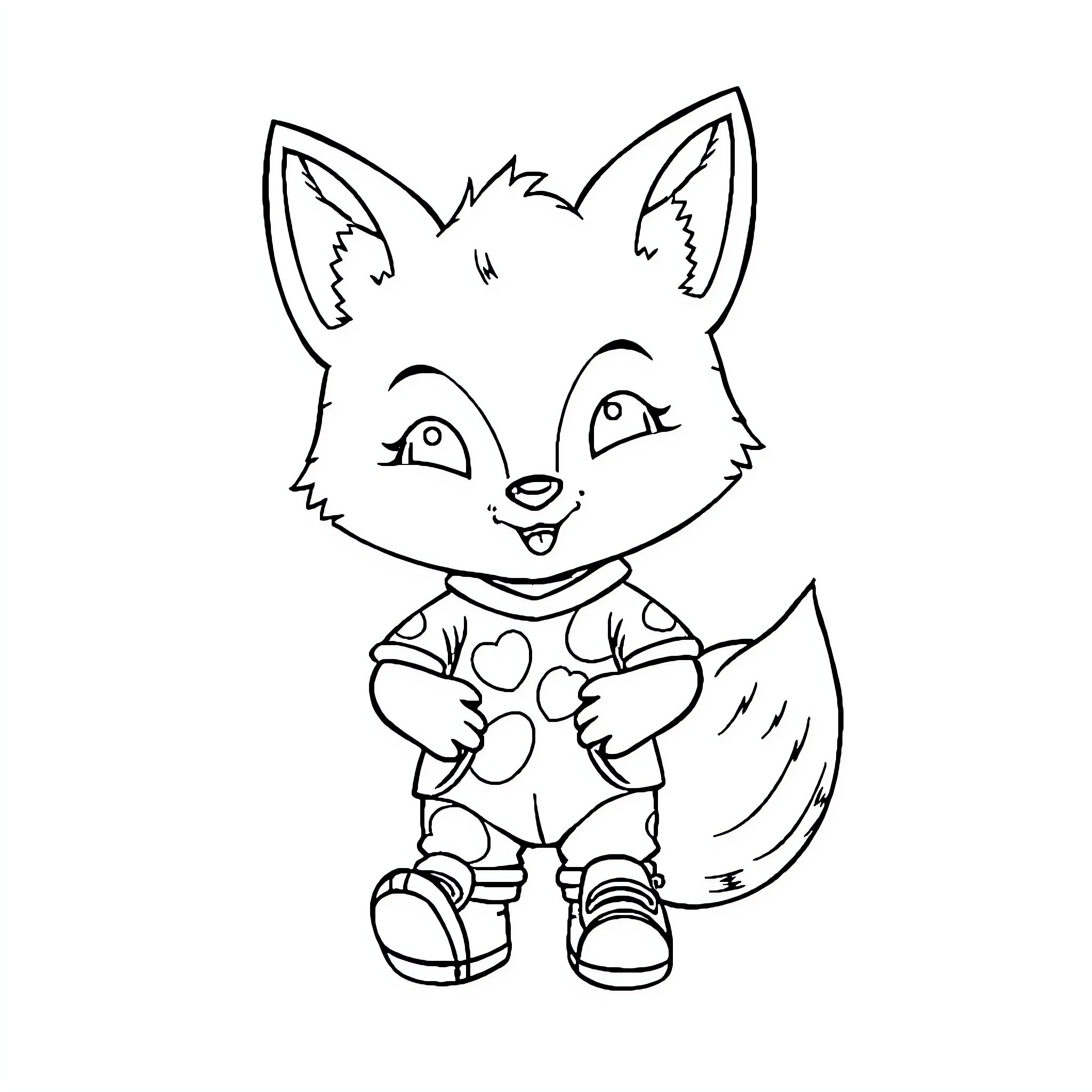 Fox character wearing polka dot outfit Coloring Page (free black-and-white line drawing printable PDF for all, from beginners to advanced learners, including children, teens, adults, and seniors)