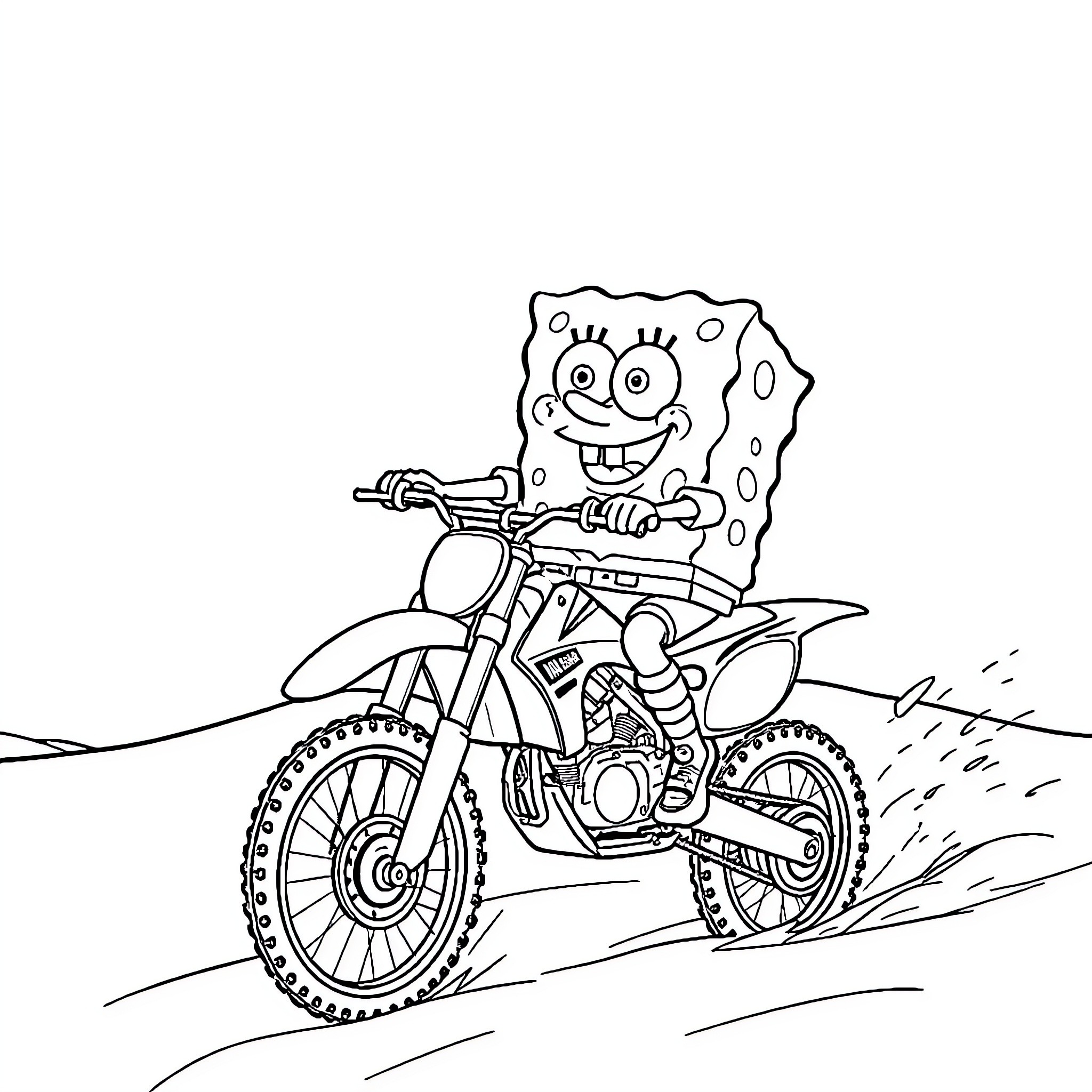 Spongebob riding a motocross bike through the desert Coloring Page (free black-and-white line drawing printable PDF for all, from beginners to advanced learners, including children, teens, adults, and seniors)