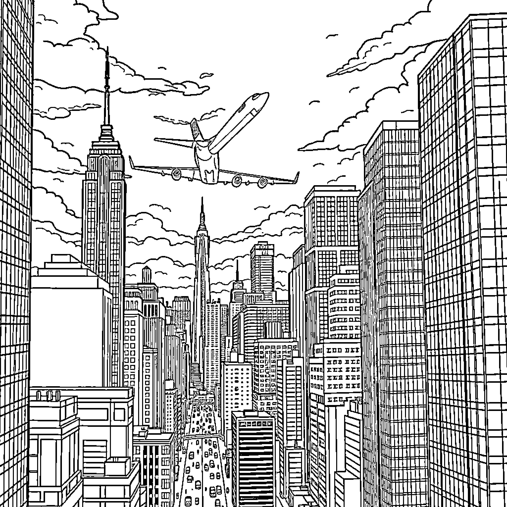 Plane soaring over the bustling city skyline Coloring Page (free black-and-white line drawing printable PDF for all, from beginners to advanced learners, including children, teens, adults, and seniors)