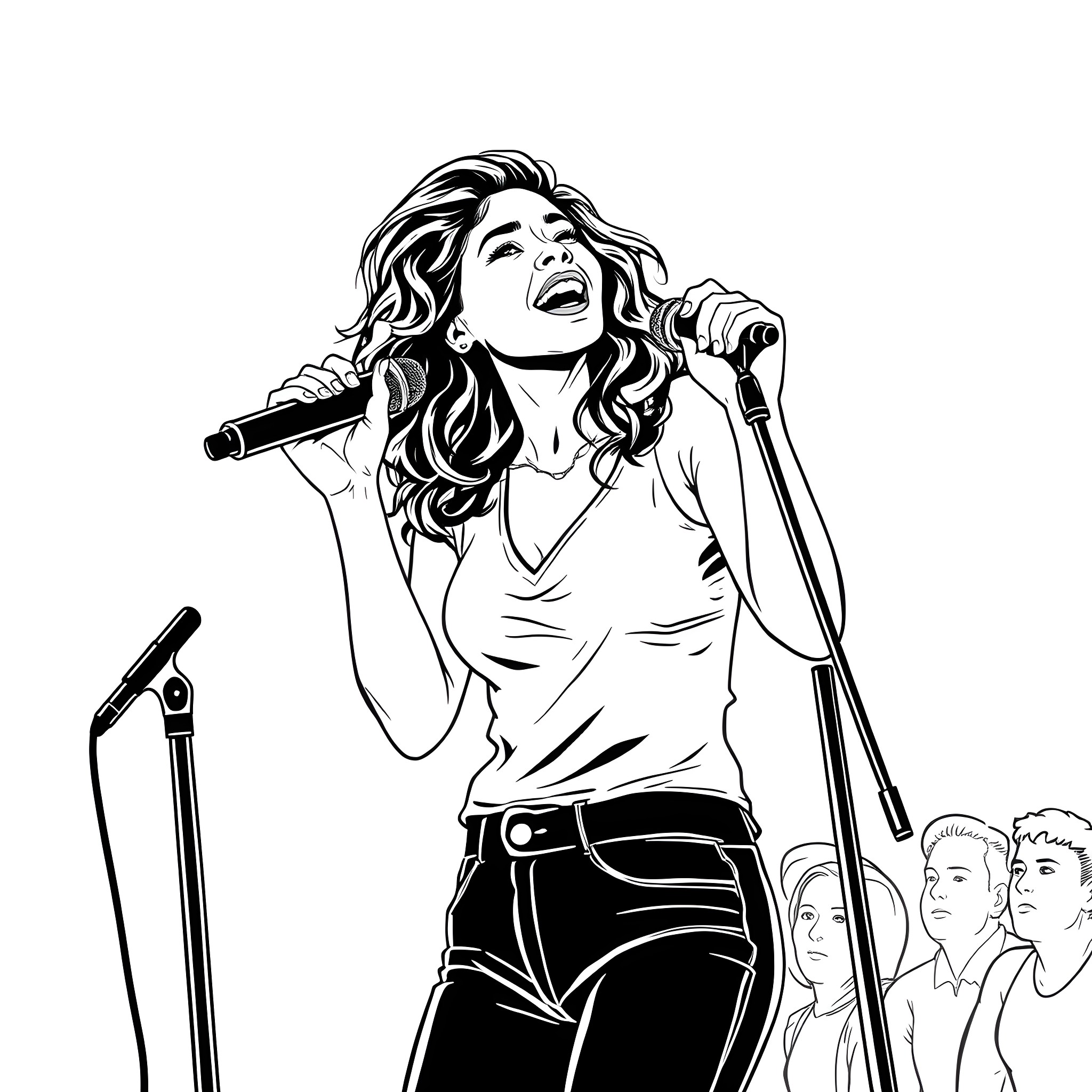 Lady Passionately Singing on Stage Coloring Page (free black-and-white line drawing printable PDF for all, from beginners to advanced learners, including children, teens, adults, and seniors)