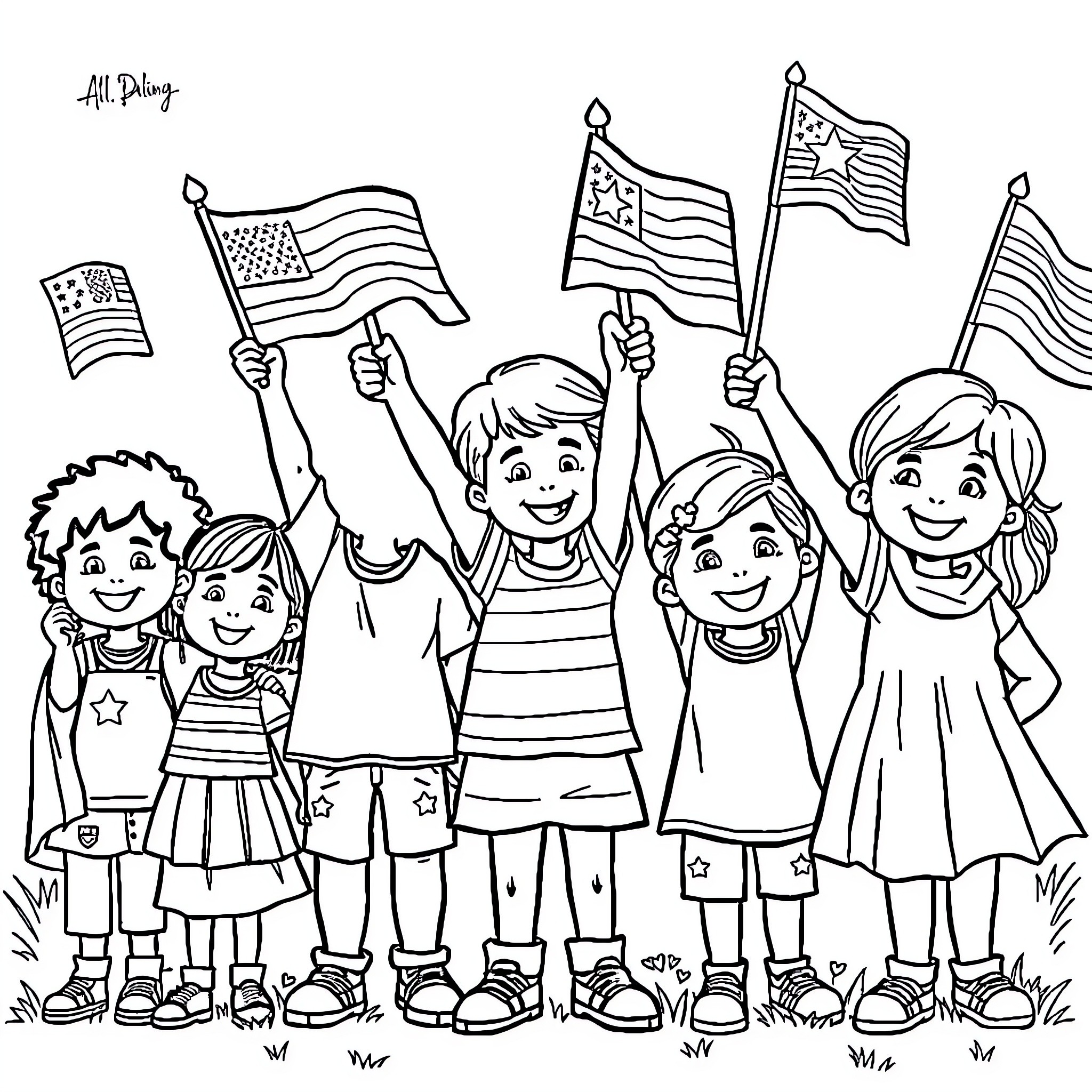 Kid proudly waving American flags with friends Coloring Page (free black-and-white line drawing printable PDF for all, from beginners to advanced learners, including children, teens, adults, and seniors)
