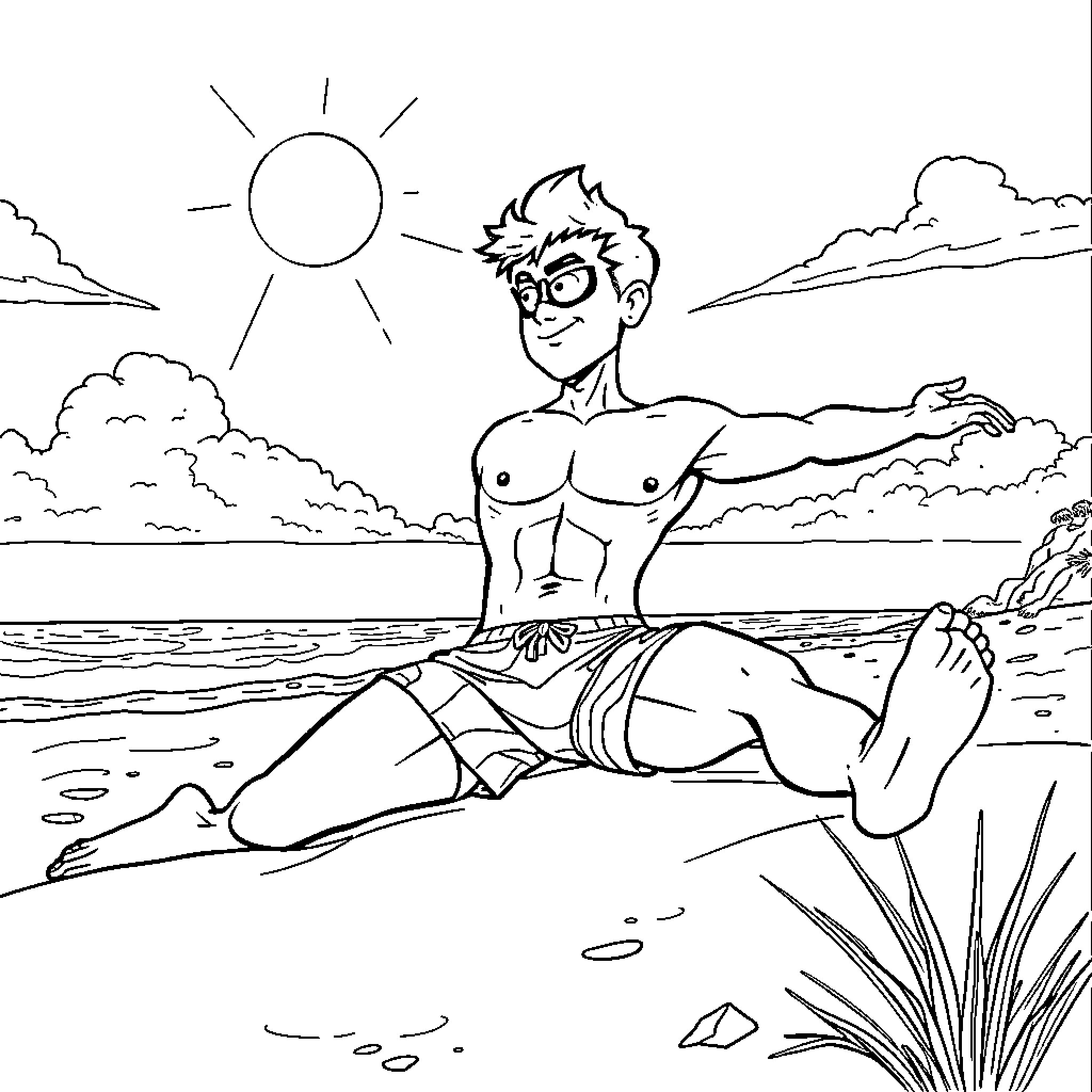 Beast Boy relaxing on the beach Coloring Page (free black-and-white line drawing printable PDF for all, from beginners to advanced learners, including children, teens, adults, and seniors)