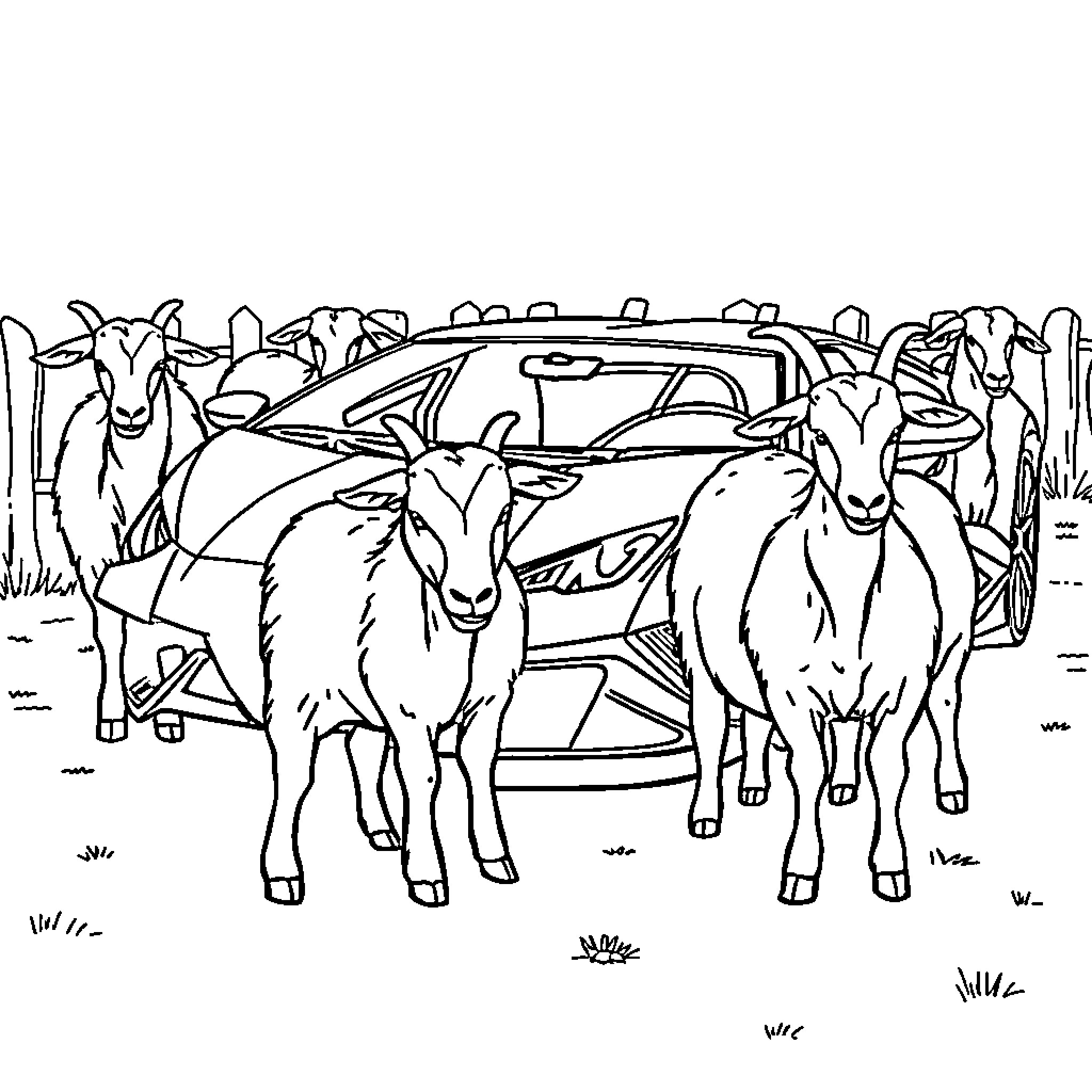 Lamborghini and a herd of goats in the countryside Coloring Page (free black-and-white line drawing printable PDF for all, from beginners to advanced learners, including children, teens, adults, and seniors)