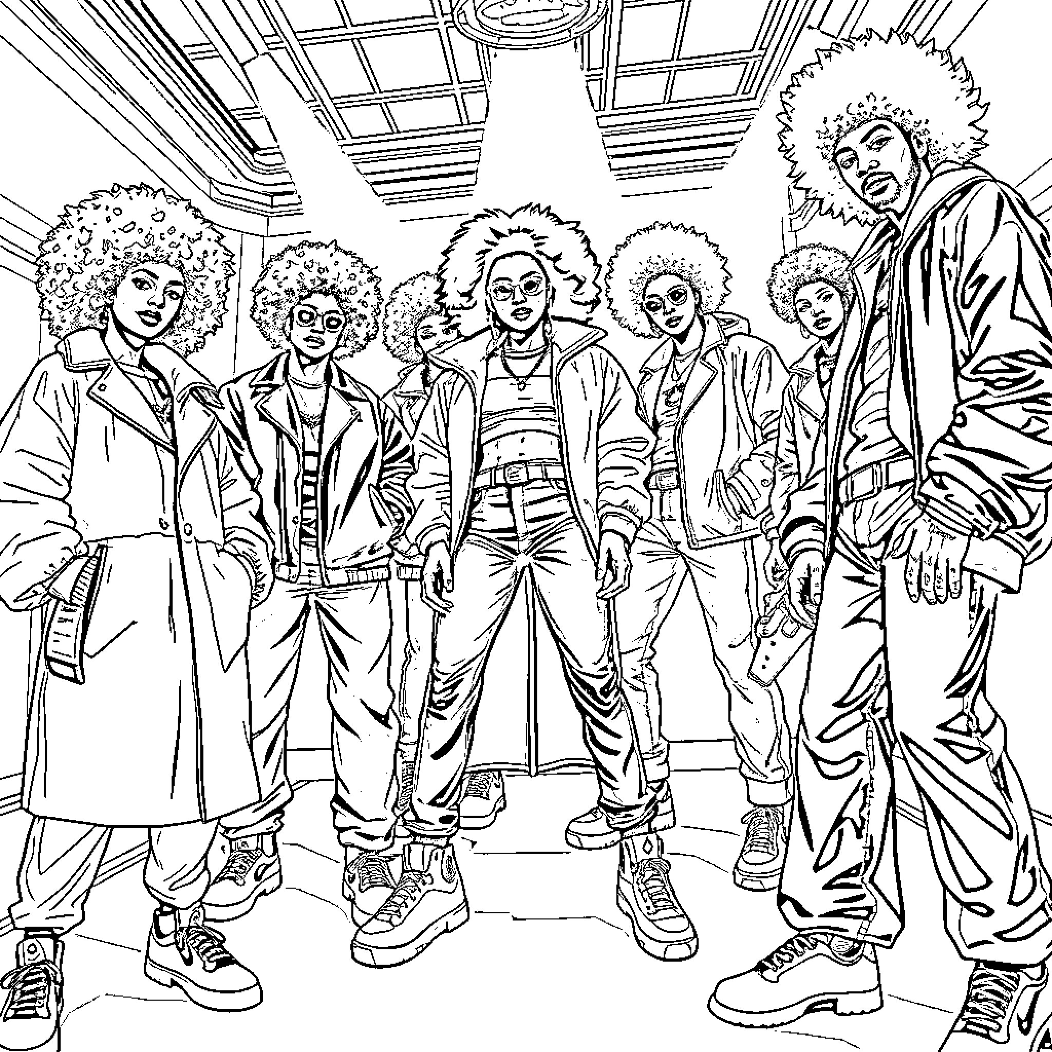 Fashion street style group portrait Coloring Page (free black-and-white line drawing printable PDF for all, from beginners to advanced learners, including children, teens, adults, and seniors)