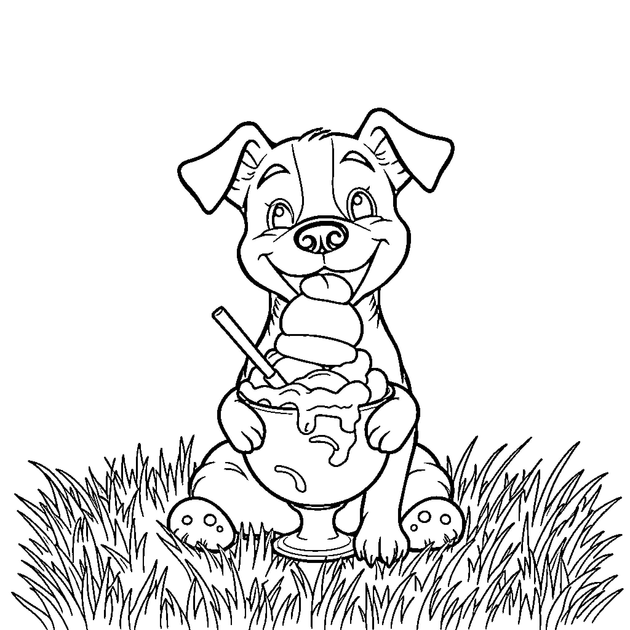 Dog enjoying an ice cream treat in the grass Coloring Page (free black-and-white line drawing printable PDF for all, from beginners to advanced learners, including children, teens, adults, and seniors)