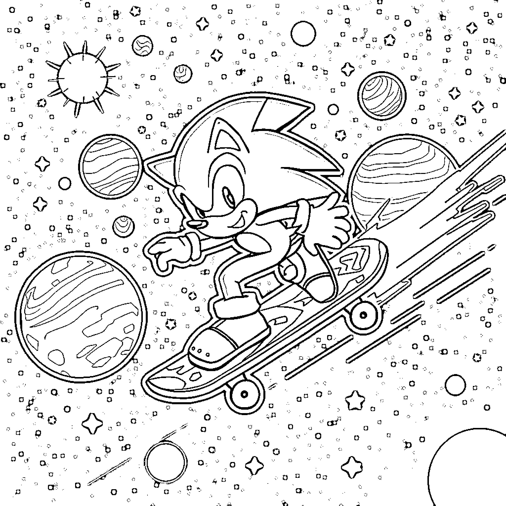 Sonic speeding through the cosmic galaxy Coloring Page (free black-and-white line drawing printable PDF for all, from beginners to advanced learners, including children, teens, adults, and seniors)