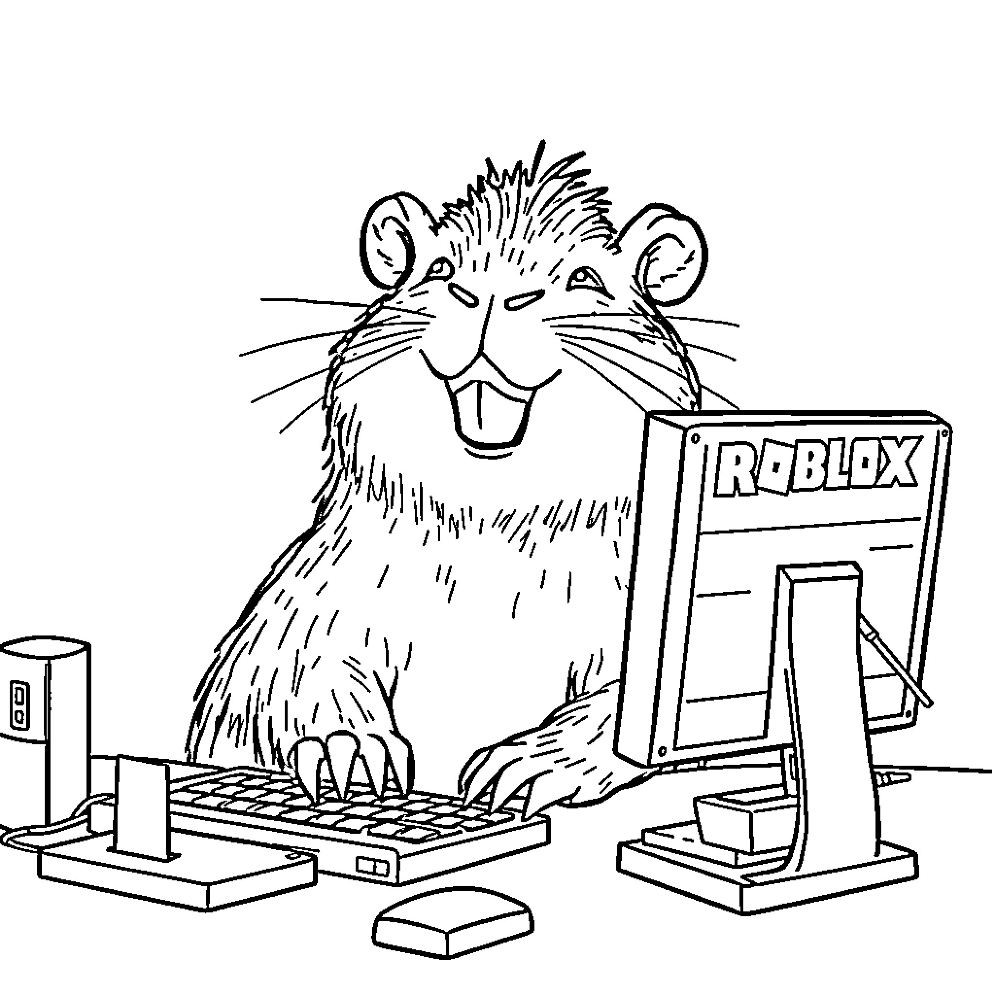 Capybara enthusiastically playing on a Roblox computer Coloring Page (free black-and-white line drawing printable PDF for all, from beginners to advanced learners, including children, teens, adults, and seniors)
