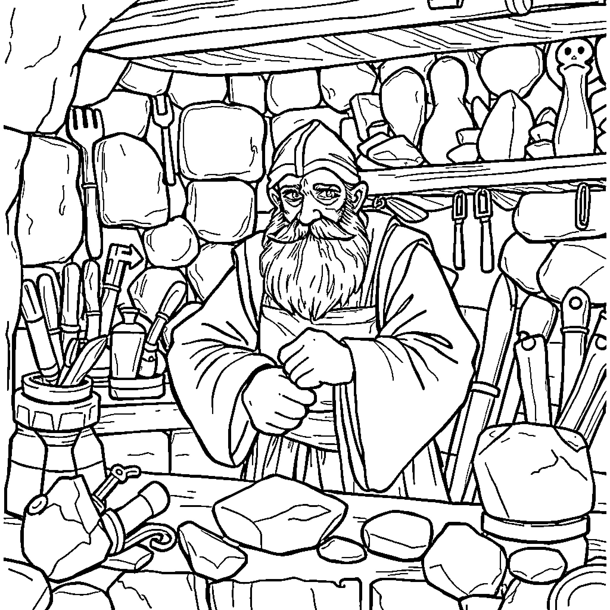 Mason Notestone's Magical Workshop Coloring Page (free black-and-white line drawing printable PDF for all, from beginners to advanced learners, including children, teens, adults, and seniors)