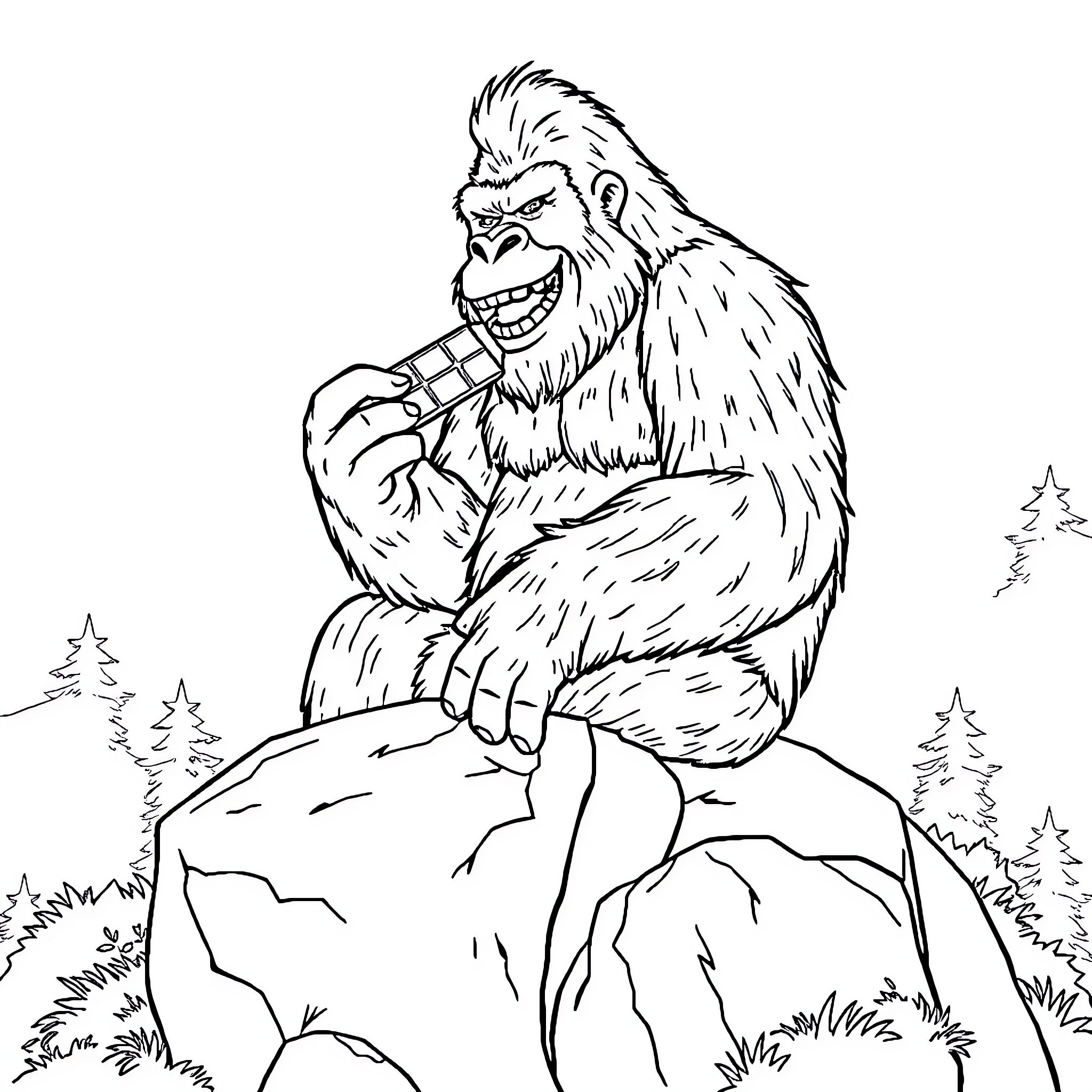 Bigfoot enjoying a tasty snack in the woods Coloring Page (free black-and-white line drawing printable PDF for all, from beginners to advanced learners, including children, teens, adults, and seniors)