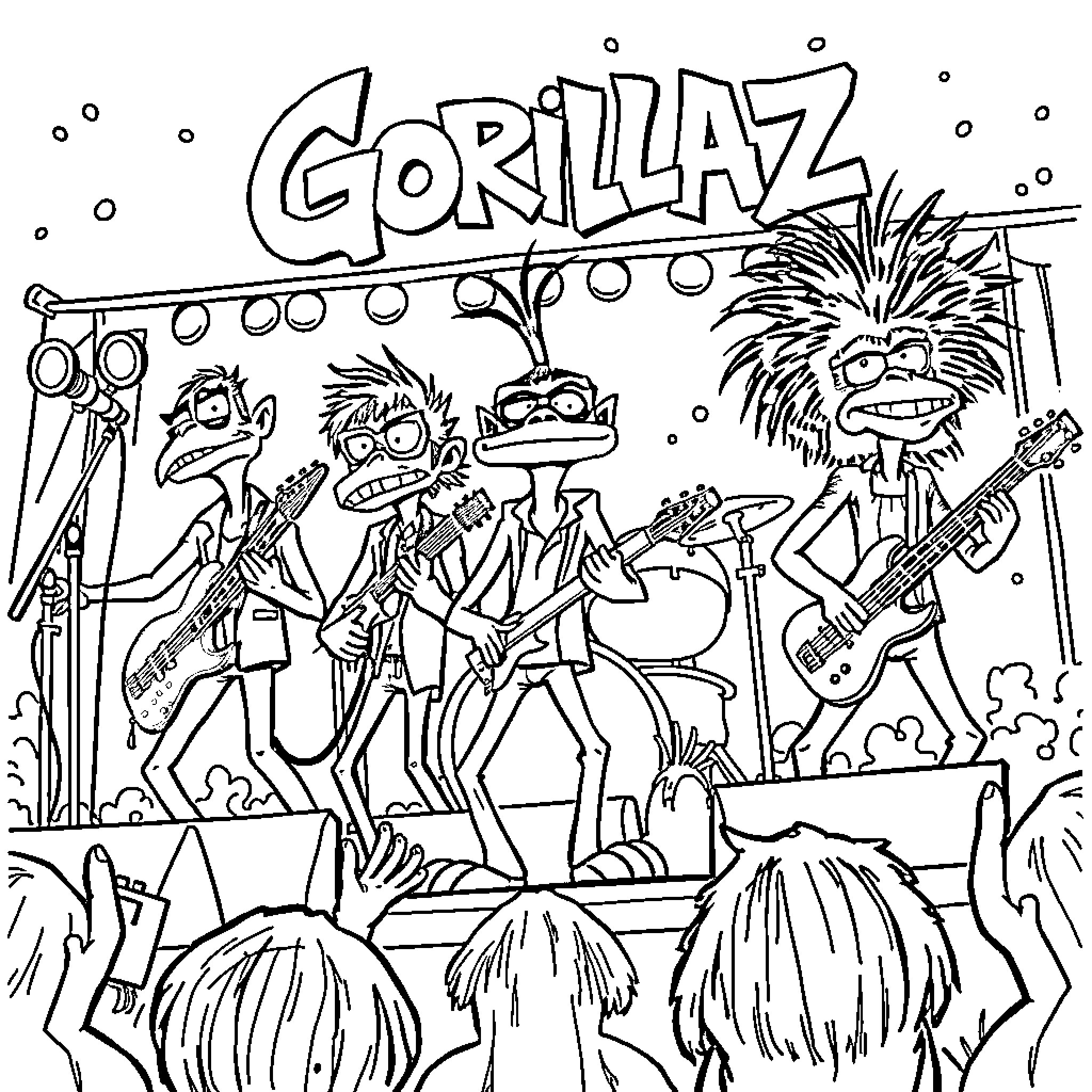 Gorillaz performing on stage with quirky characters Coloring Page (free black-and-white line drawing printable PDF for all, from beginners to advanced learners, including children, teens, adults, and seniors)