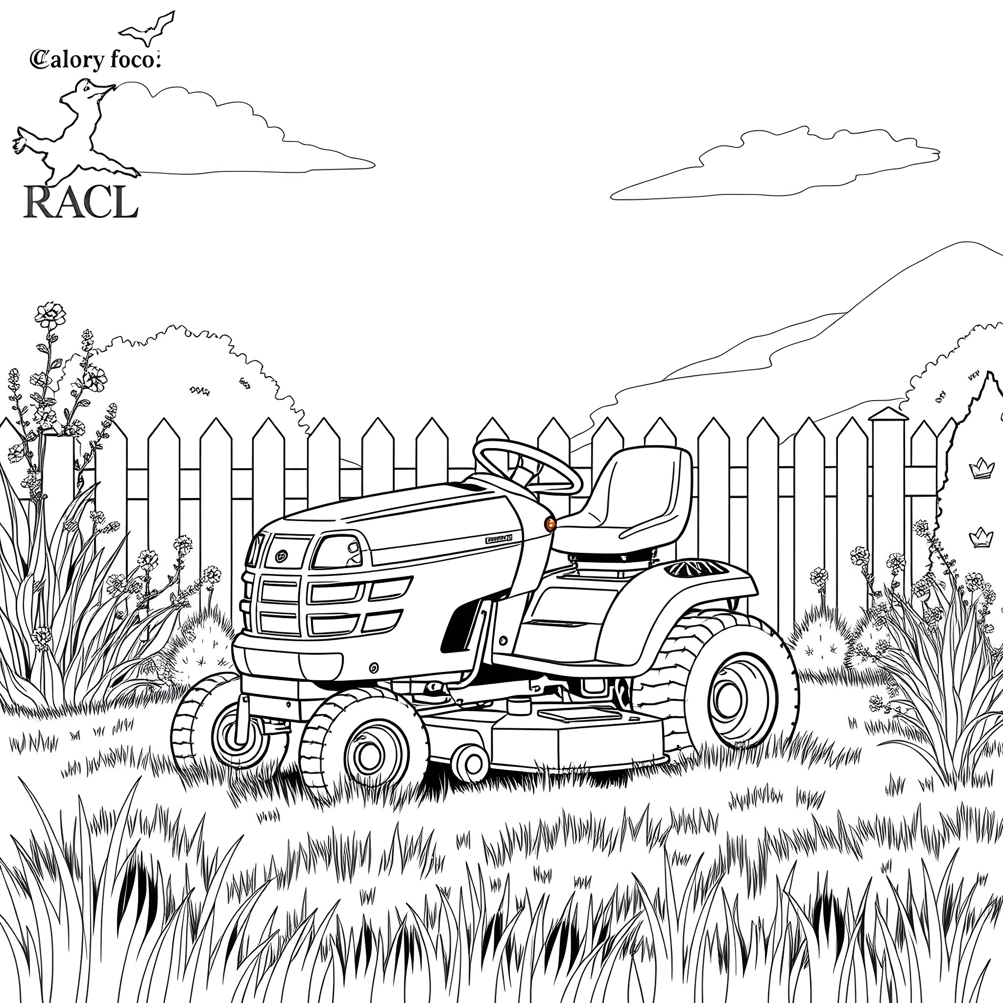 Riding Mower in a Picturesque Outdoor Landscape Coloring Page (free black-and-white line drawing printable PDF for all, from beginners to advanced learners, including children, teens, adults, and seniors)