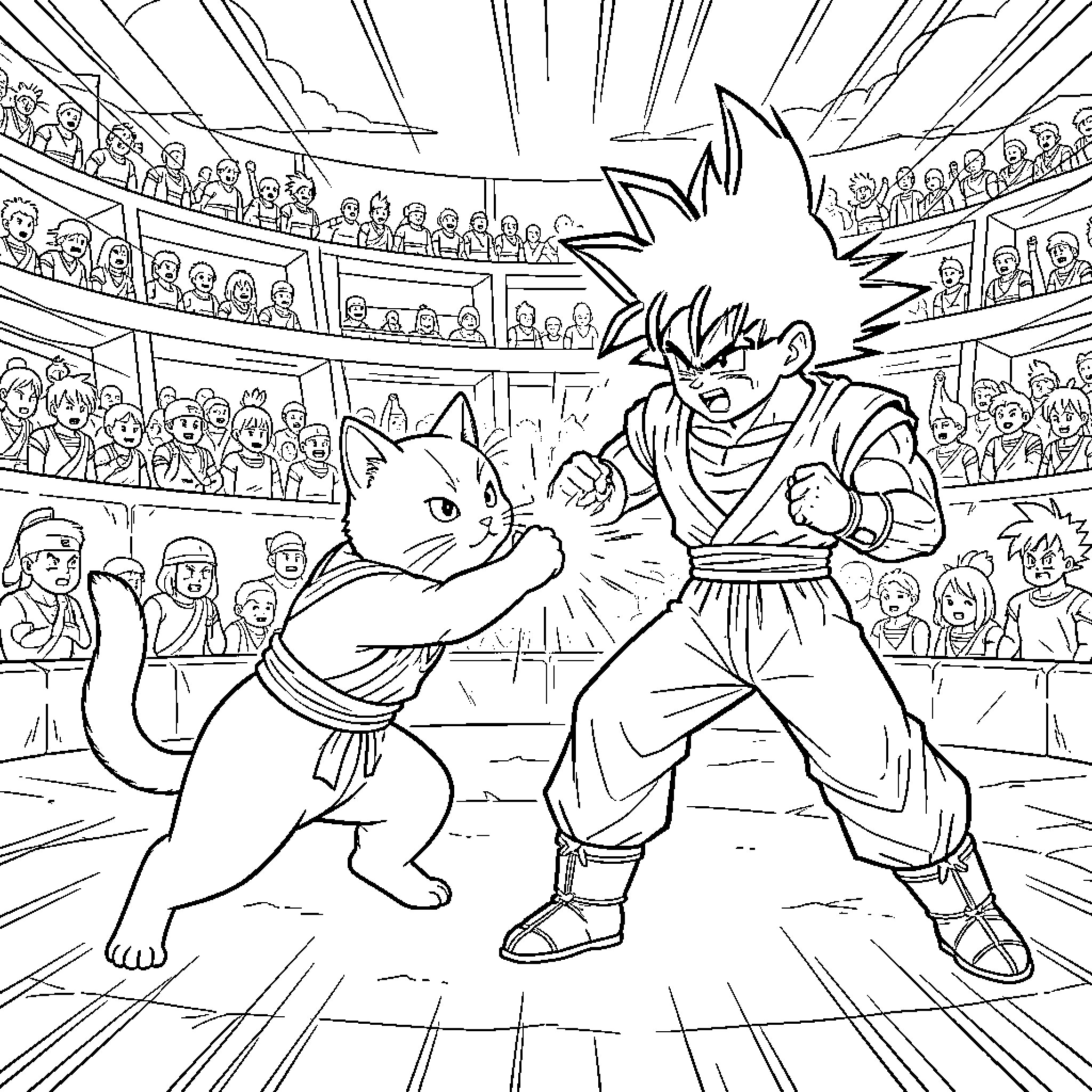 Gato fighting a martial arts warrior in an arena Coloring Page (free black-and-white line drawing printable PDF for all, from beginners to advanced learners, including children, teens, adults, and seniors)