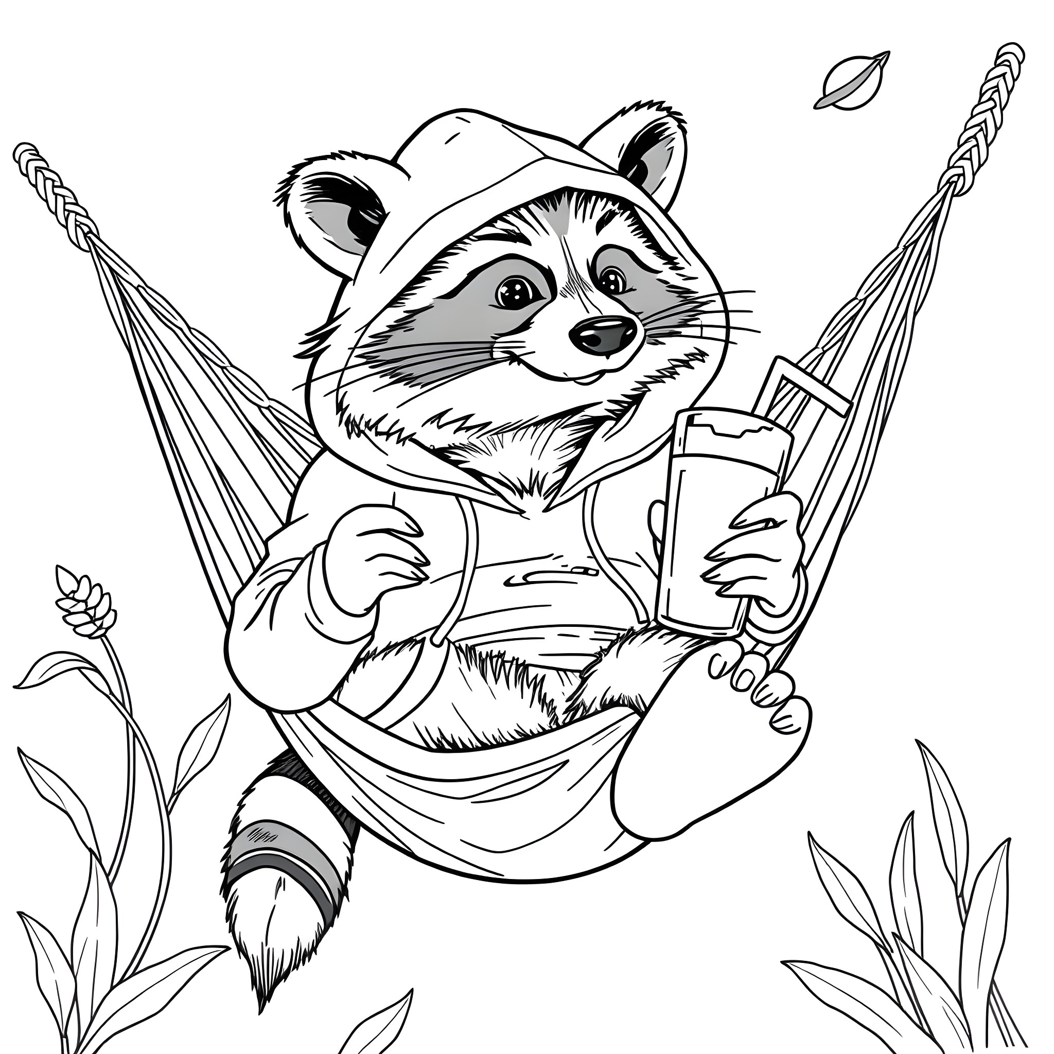 Raccoon relaxing in a hammock with a snack Coloring Page (free black-and-white line drawing printable PDF for all, from beginners to advanced learners, including children, teens, adults, and seniors)