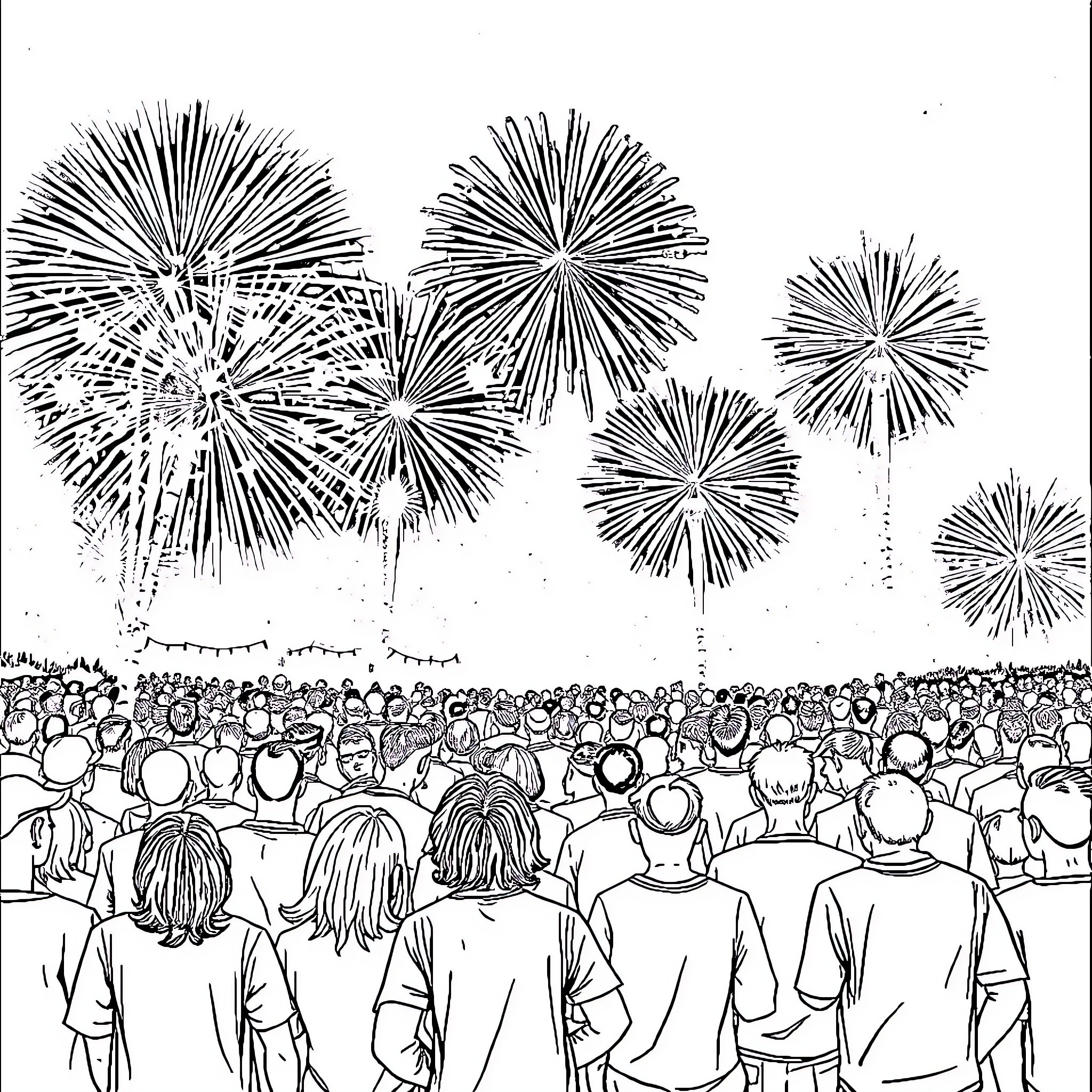 Firework display lighting up the night sky over a crowd Coloring Page (free black-and-white line drawing printable PDF for all, from beginners to advanced learners, including children, teens, adults, and seniors)