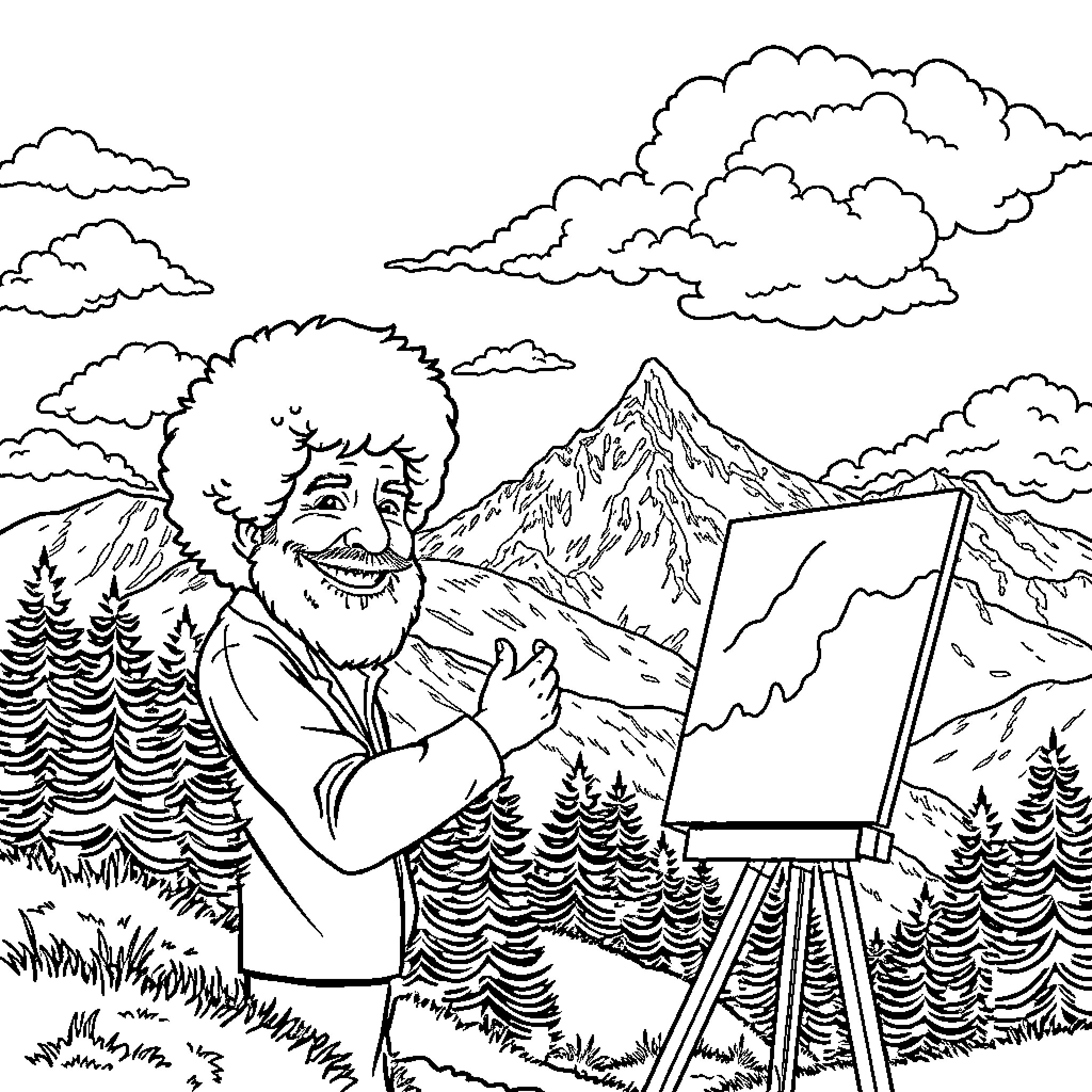 Bob Ross painting outdoors in the mountains Coloring Page (free black-and-white line drawing printable PDF for all, from beginners to advanced learners, including children, teens, adults, and seniors)