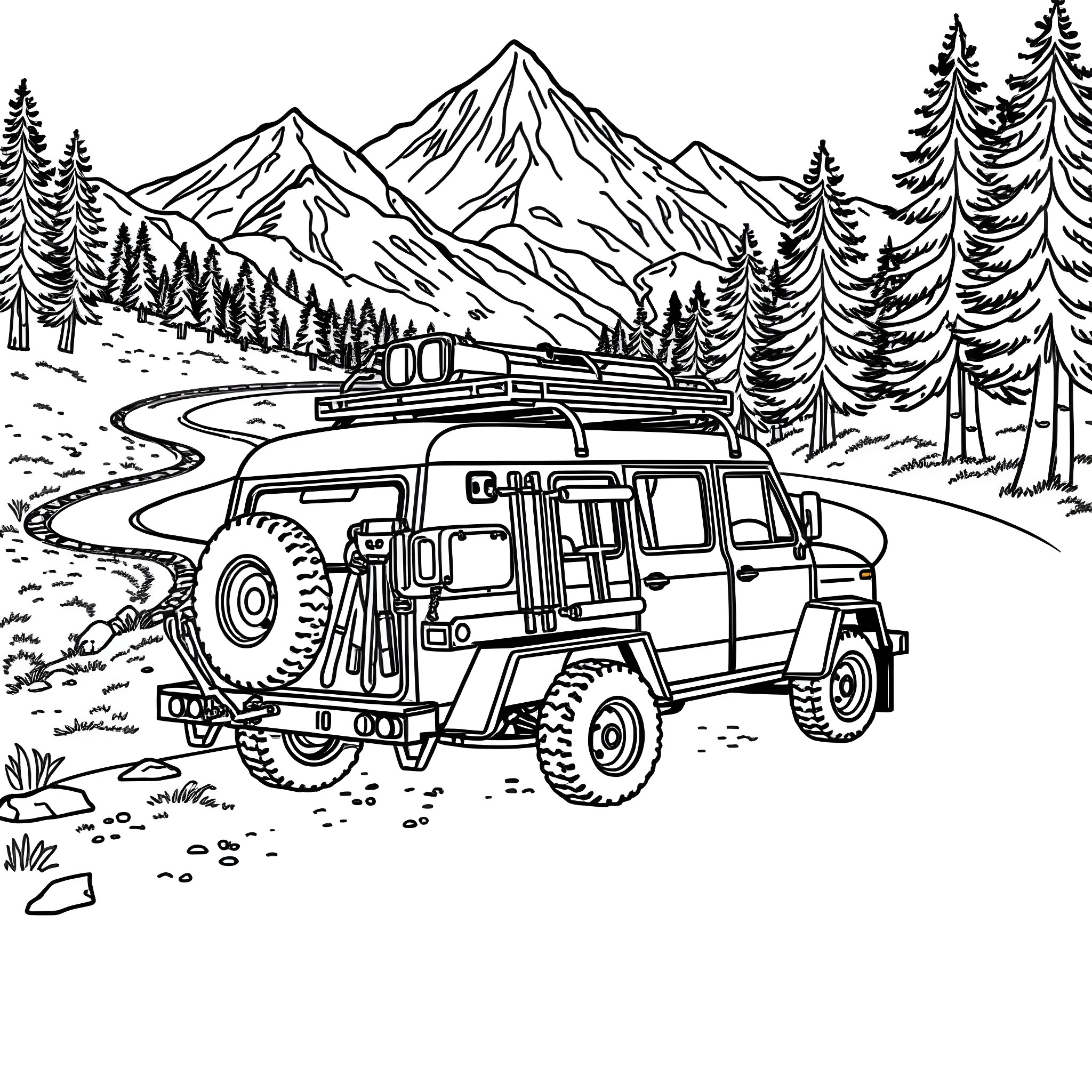 Car Trailer Navigating Mountain Terrain Coloring Page (free black-and-white line drawing printable PDF for all, from beginners to advanced learners, including children, teens, adults, and seniors)
