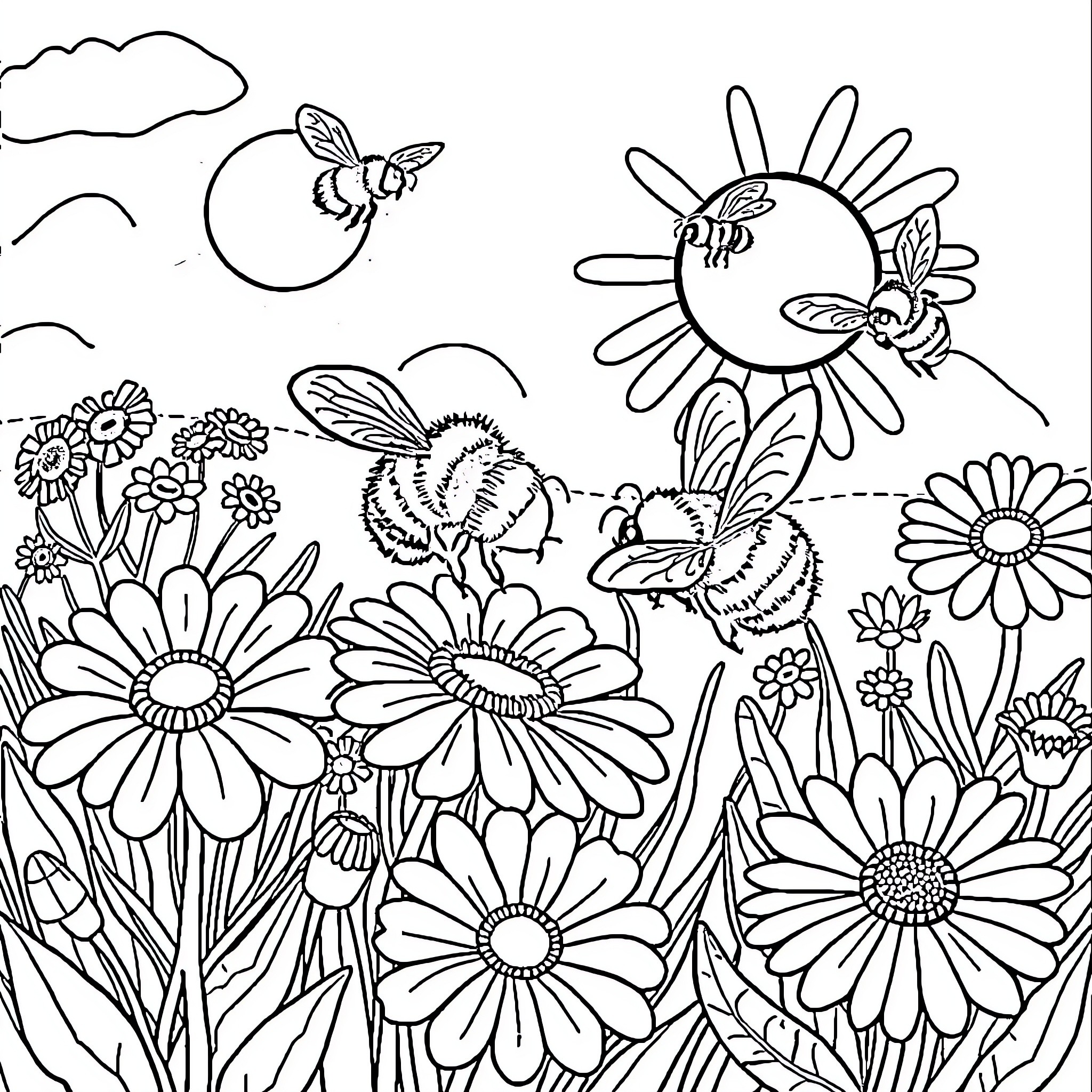 Bee buzzing among vibrant wildflowers Coloring Page (free black-and-white line drawing printable PDF for all, from beginners to advanced learners, including children, teens, adults, and seniors)