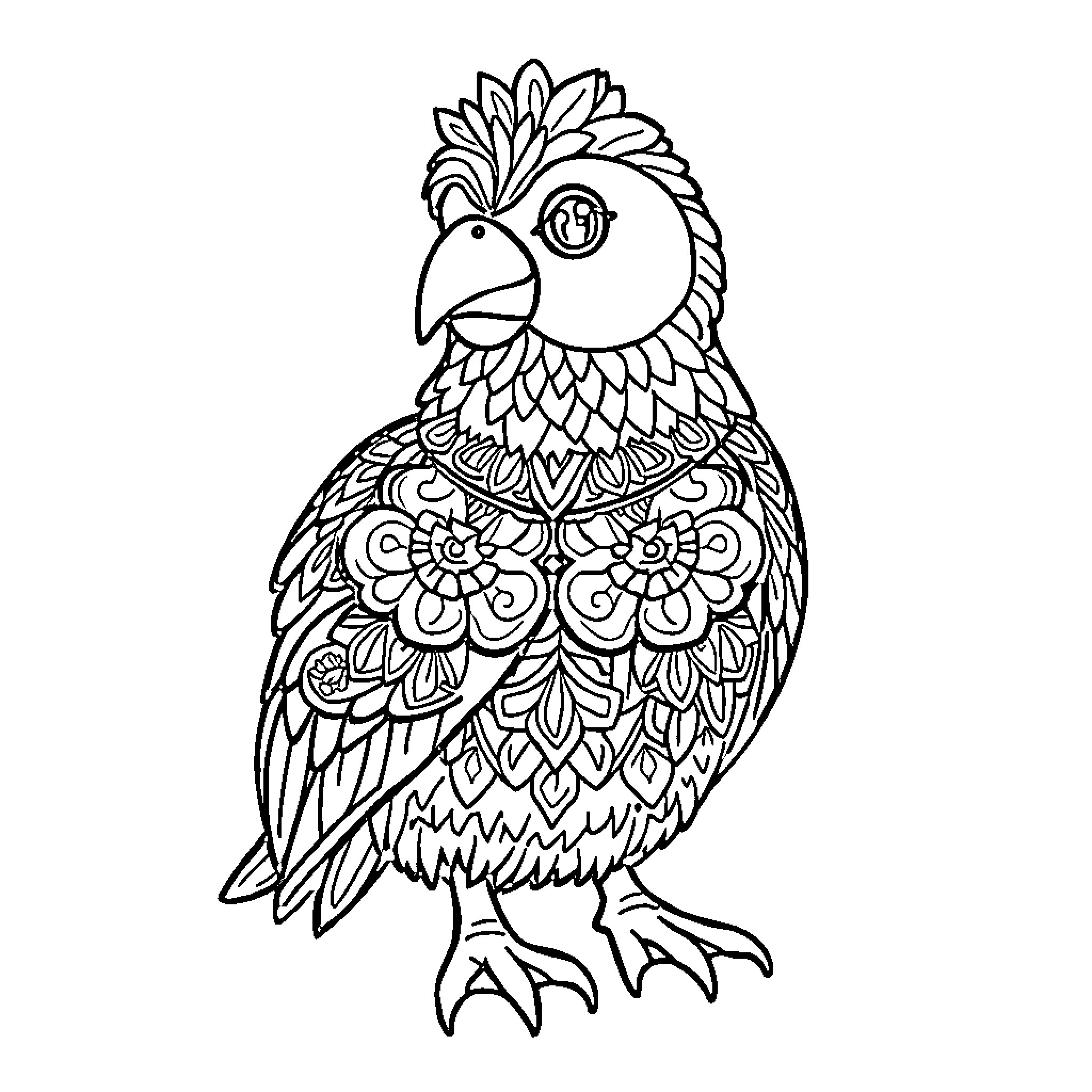 Duck with intricate floral patterns Coloring Page (free black-and-white line drawing printable PDF for all, from beginners to advanced learners, including children, teens, adults, and seniors)
