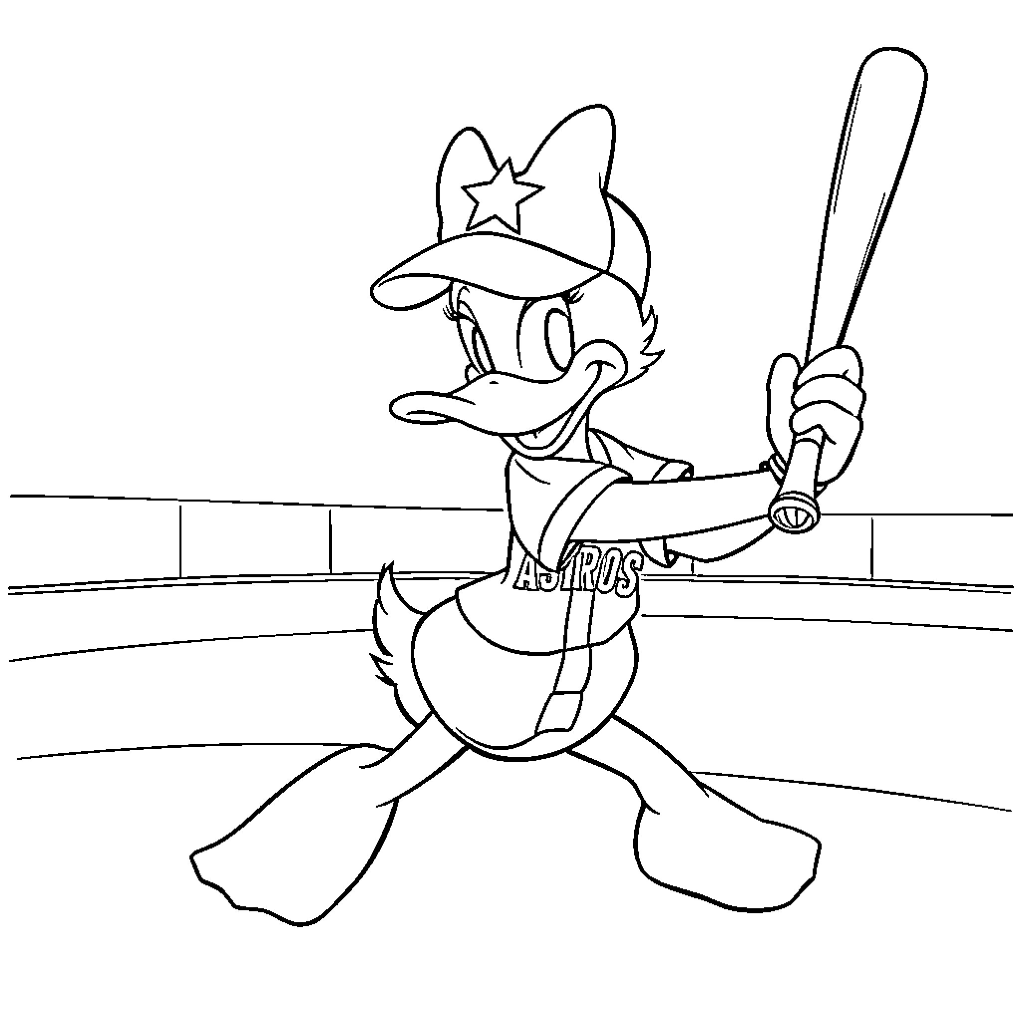 Daisy Duck playing baseball on field Coloring Page (free black-and-white line drawing printable PDF for all, from beginners to advanced learners, including children, teens, adults, and seniors)