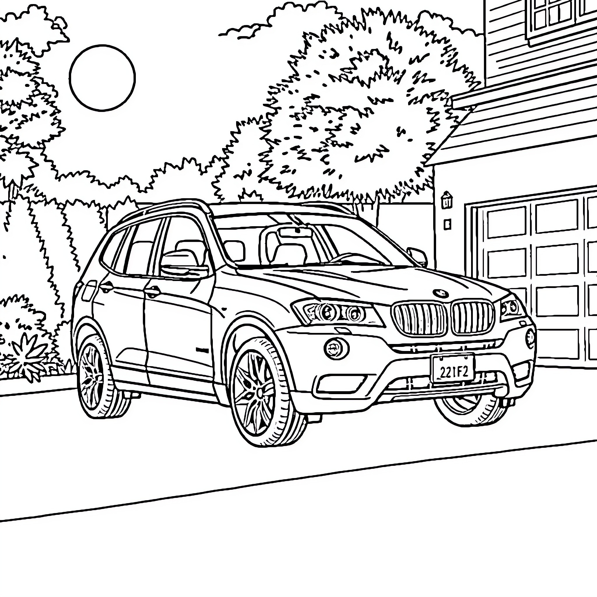 BMW SUV parked in a scenic neighborhood Coloring Page (free black-and-white line drawing printable PDF for all, from beginners to advanced learners, including children, teens, adults, and seniors)