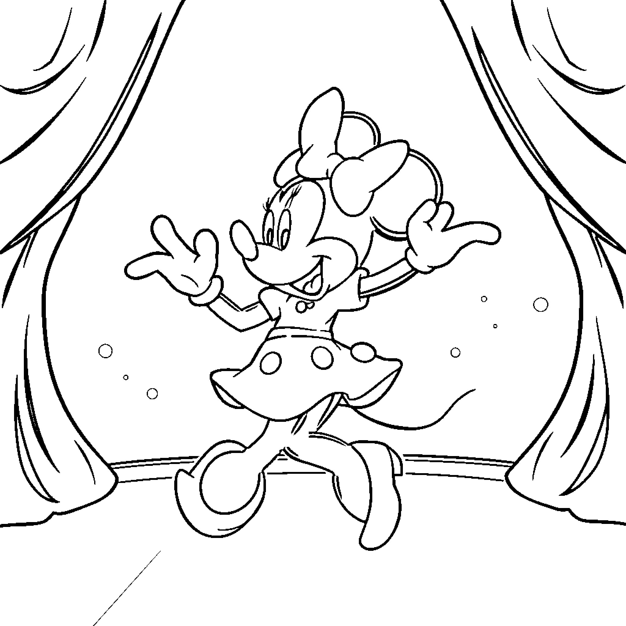 Minnie dancing joyfully on a theater stage Coloring Page (free black-and-white line drawing printable PDF for all, from beginners to advanced learners, including children, teens, adults, and seniors)