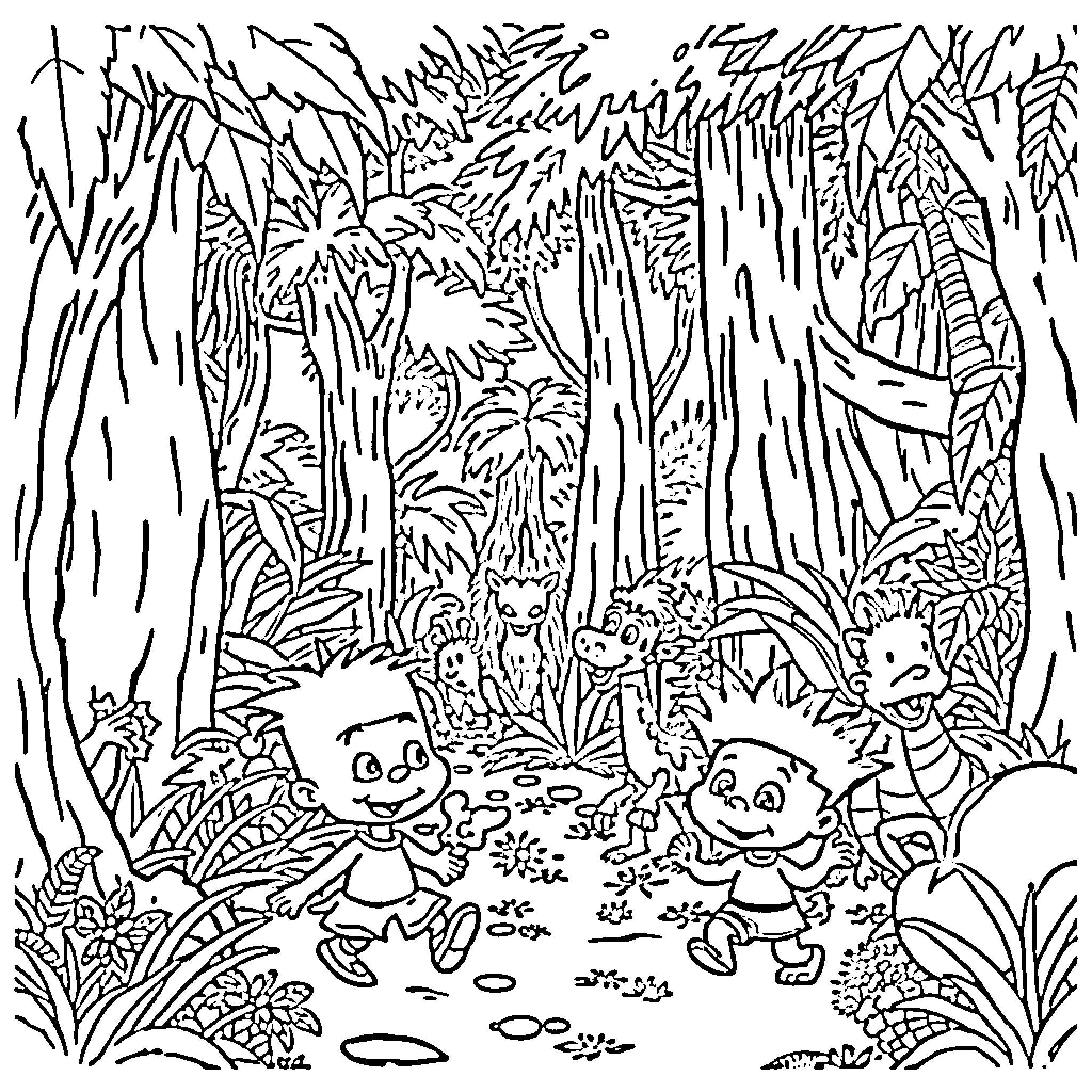 Rugrats playing in the jungle adventure Coloring Page (free black-and-white line drawing printable PDF for all, from beginners to advanced learners, including children, teens, adults, and seniors)