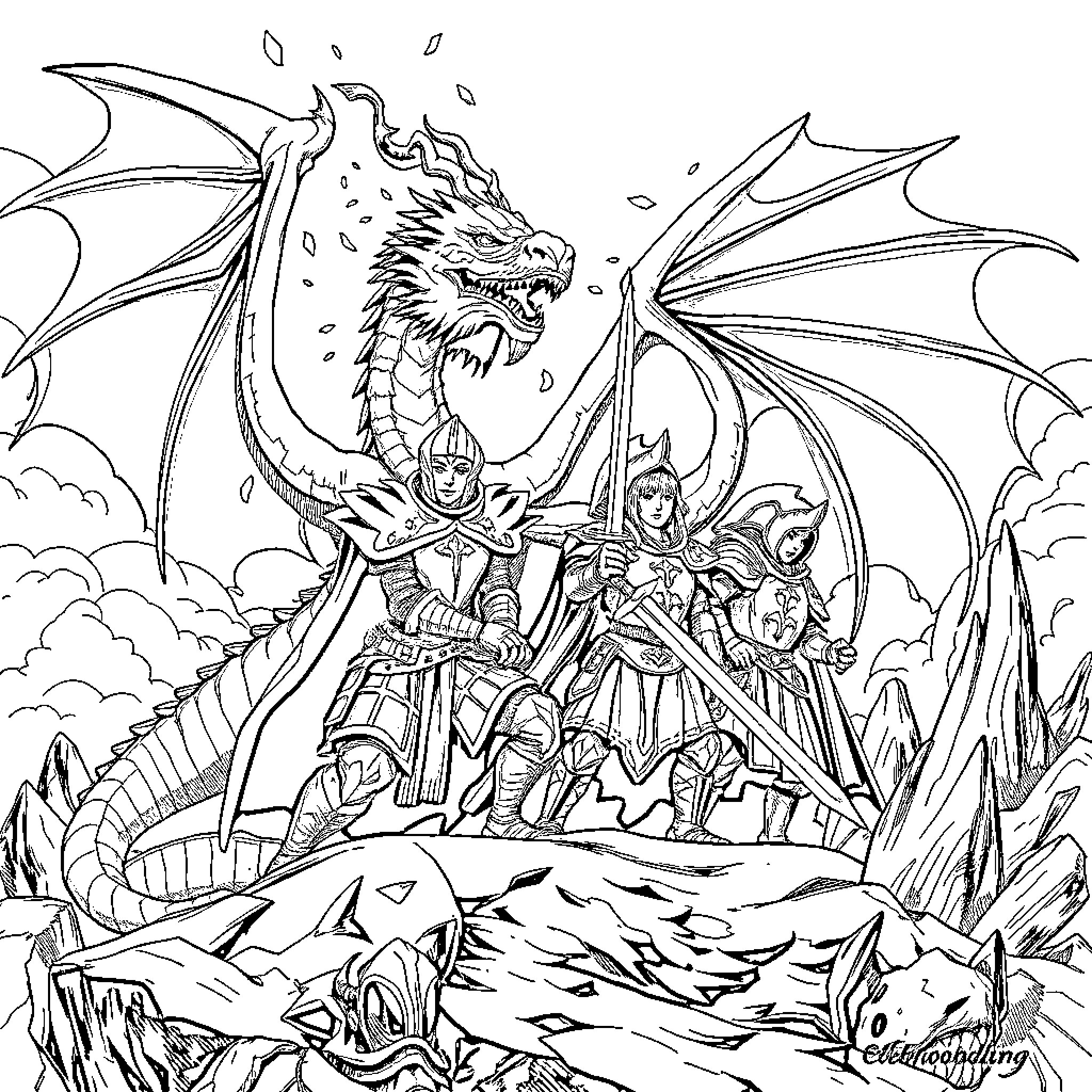 Legend of the Dragoon: Warriors battle a fierce dragon Coloring Page (free black-and-white line drawing printable PDF for all, from beginners to advanced learners, including children, teens, adults, and seniors)